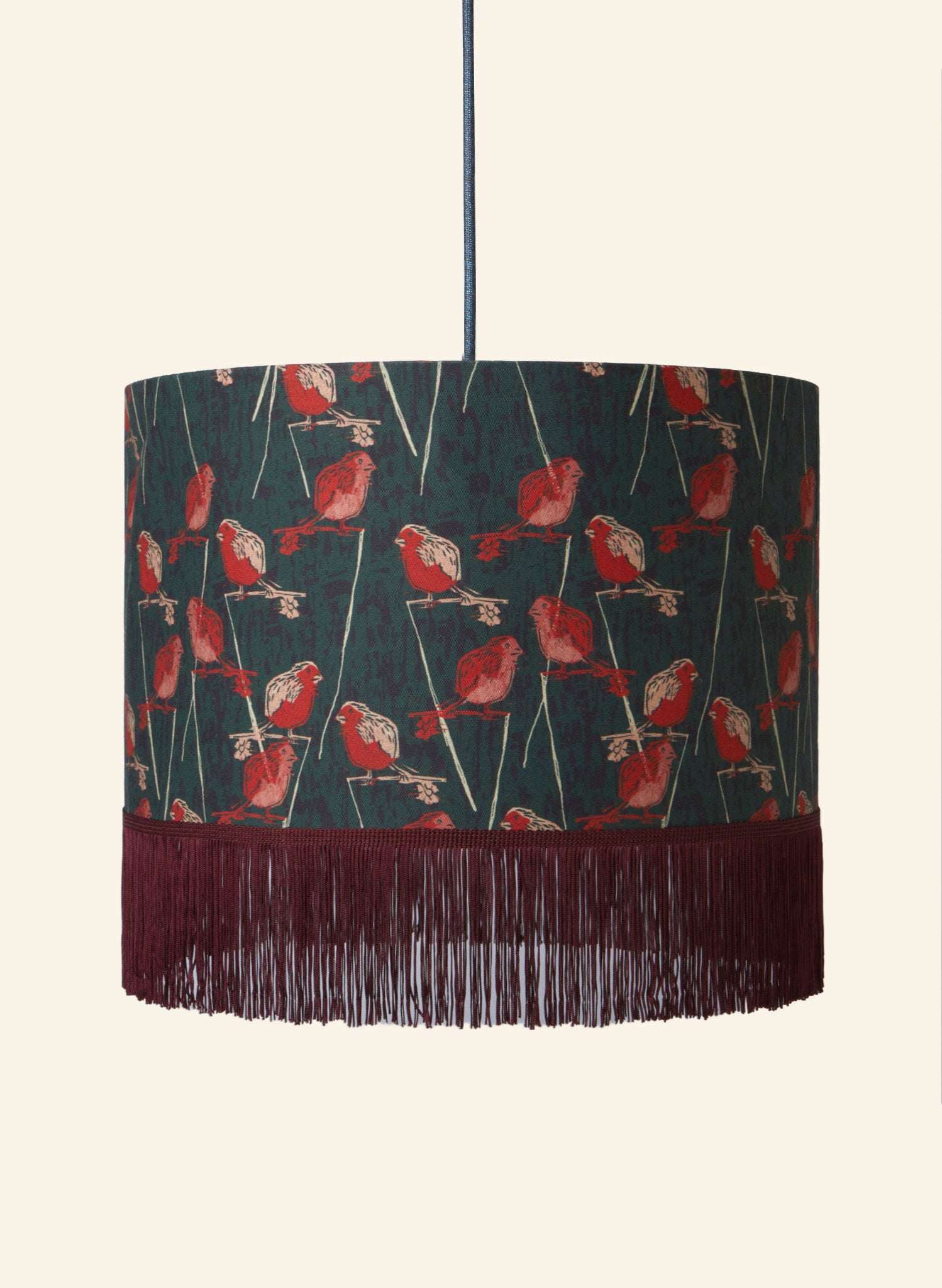Drum Fringe Lampshade - Forest Green Robin