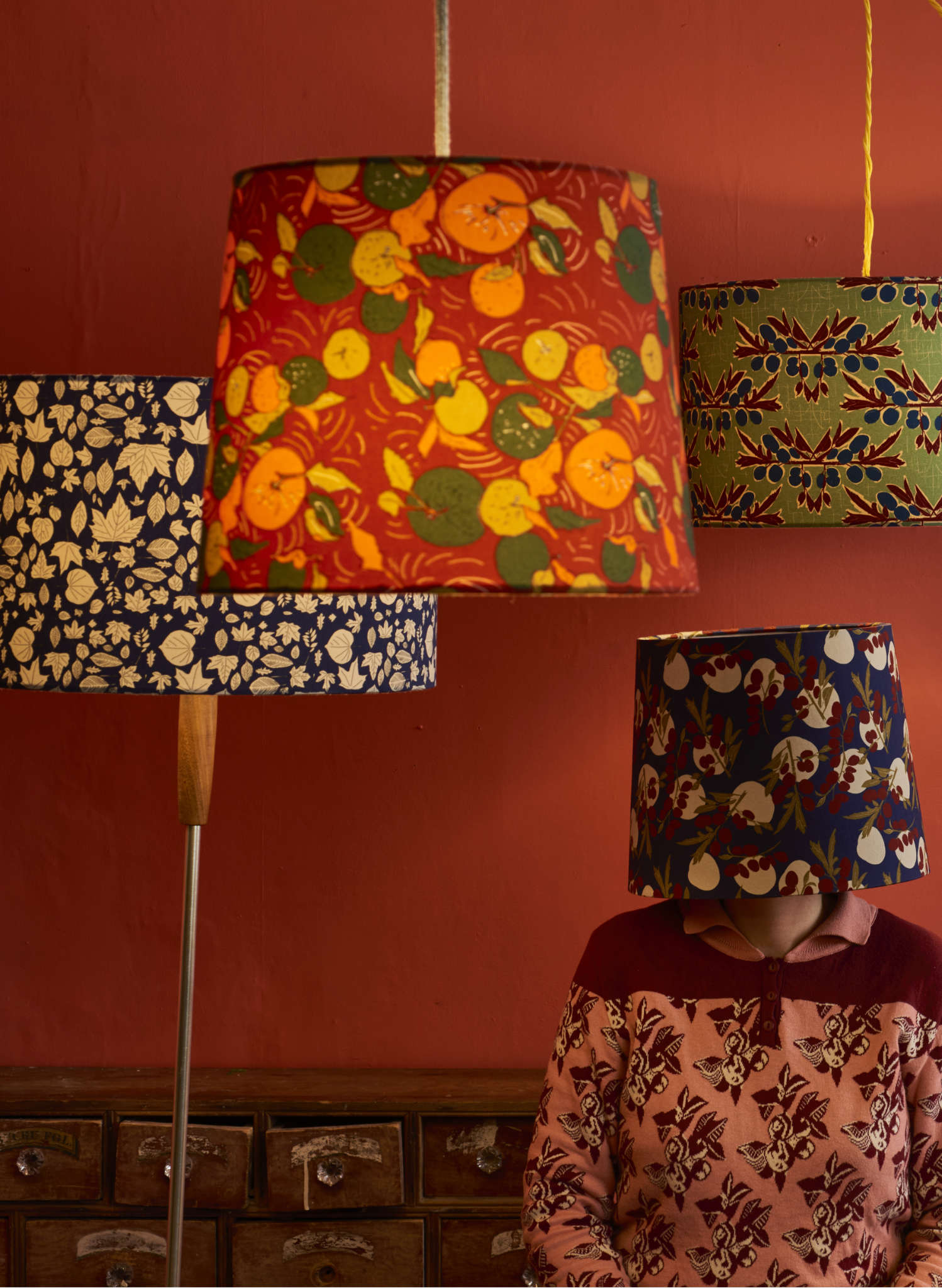 Drum Fringe Lampshade - Navy Autumn Leaves