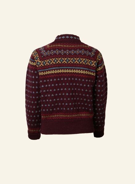 Burgundy Fair Isle 100% British Wool Cardigan | 1950s Knitwear