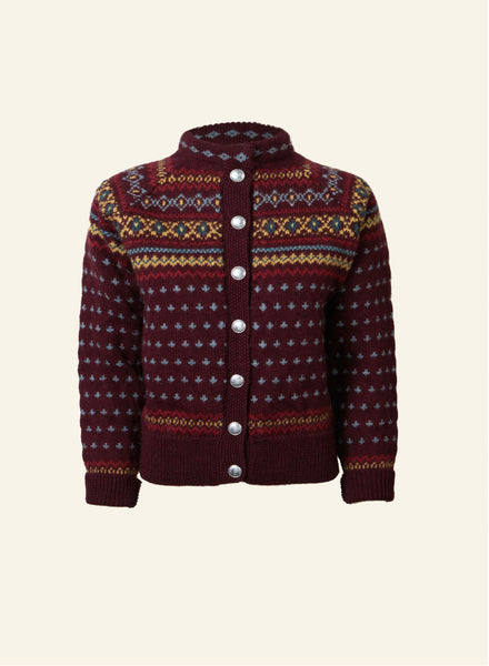 Burgundy Fair Isle 100% British Wool Cardigan | 1950s Knitwear