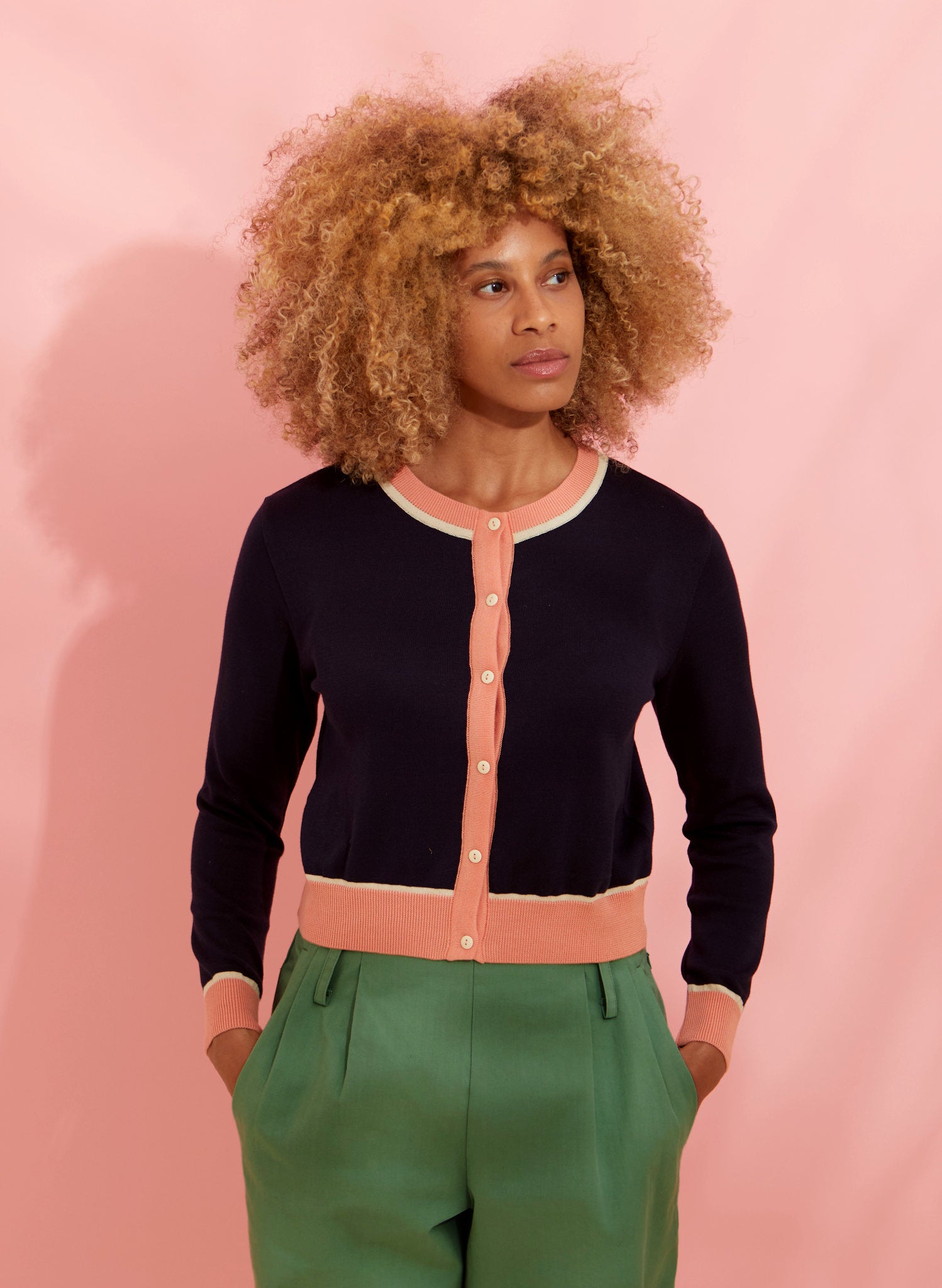 Archive Sale - Size S - Vera - Navy and Pink Embroidered Tiger Cardigan - Full Length Sleeve