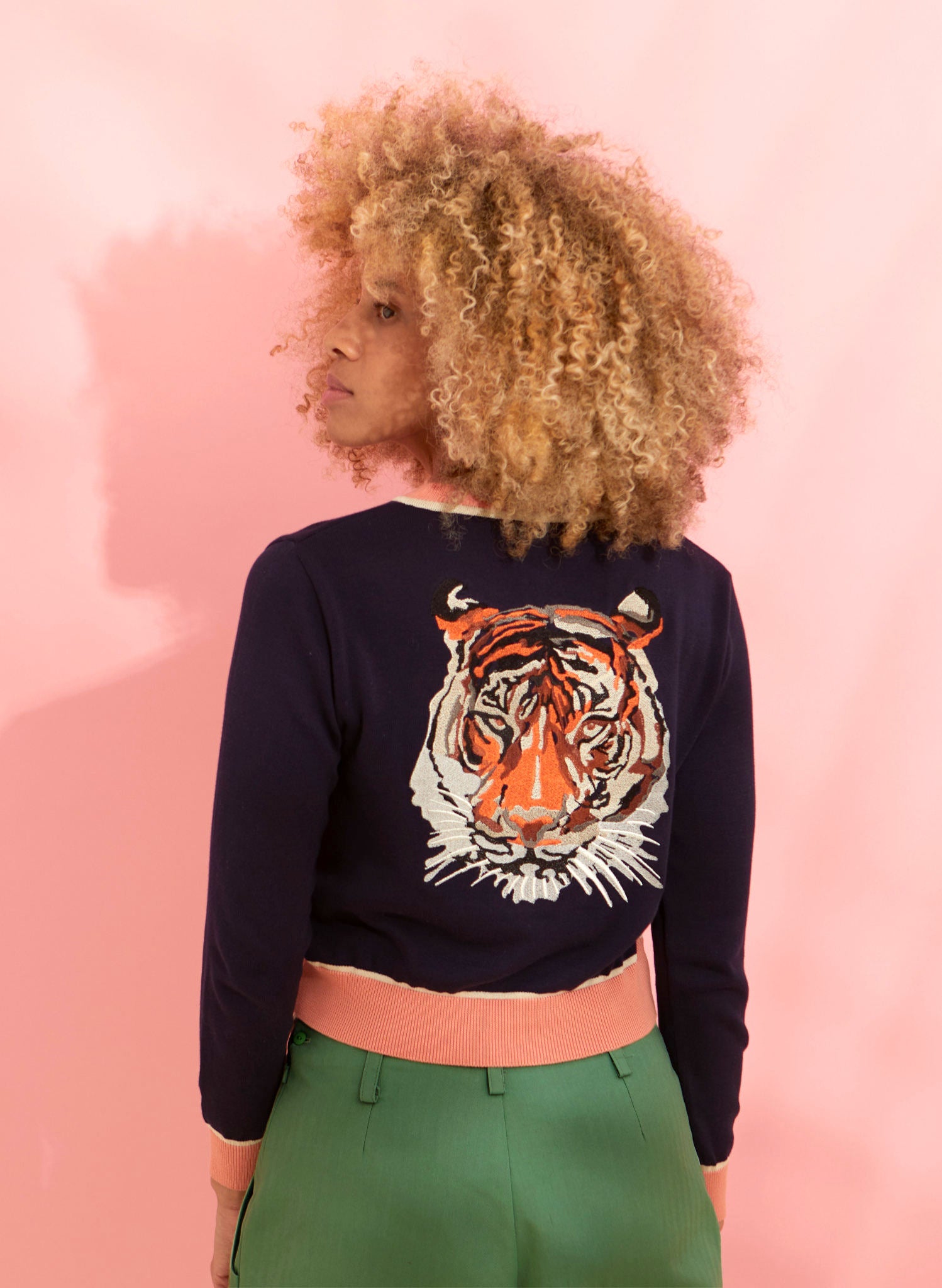 Archive Sale - Size S - Vera - Navy and Pink Embroidered Tiger Cardigan - Full Length Sleeve