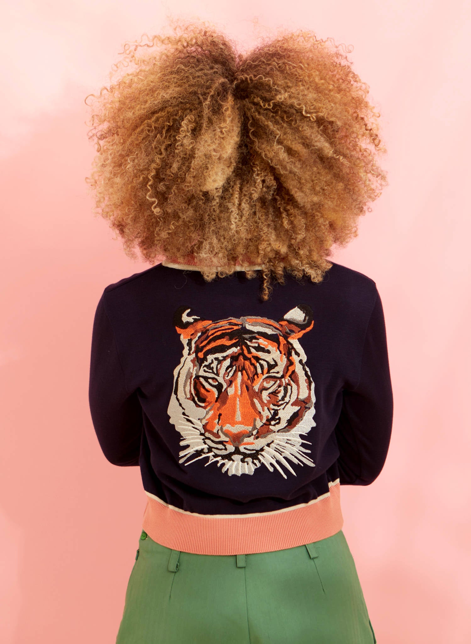 Archive Sale - Size S - Vera - Navy and Pink Embroidered Tiger Cardigan - Full Length Sleeve