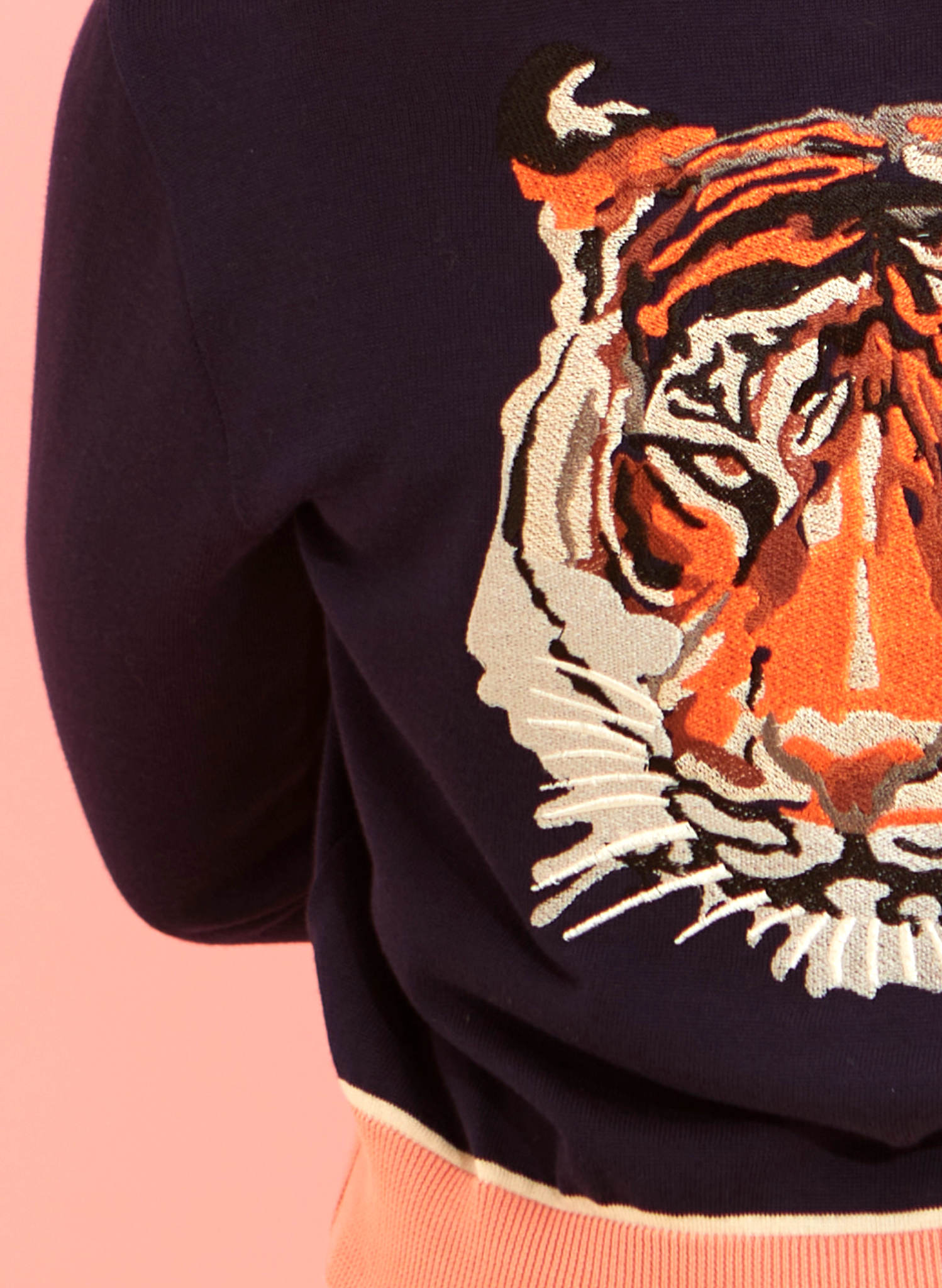 Archive Sale - Size S - Vera - Navy and Pink Embroidered Tiger Cardigan - Full Length Sleeve