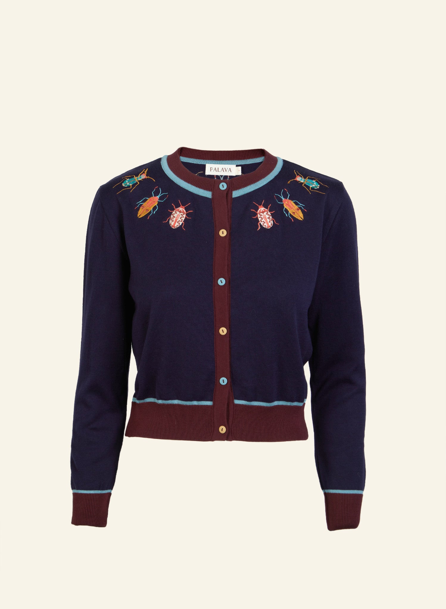 vintage style navy organic cotton knitted cardigan with brown and light blue trimmings and embroidered bugs