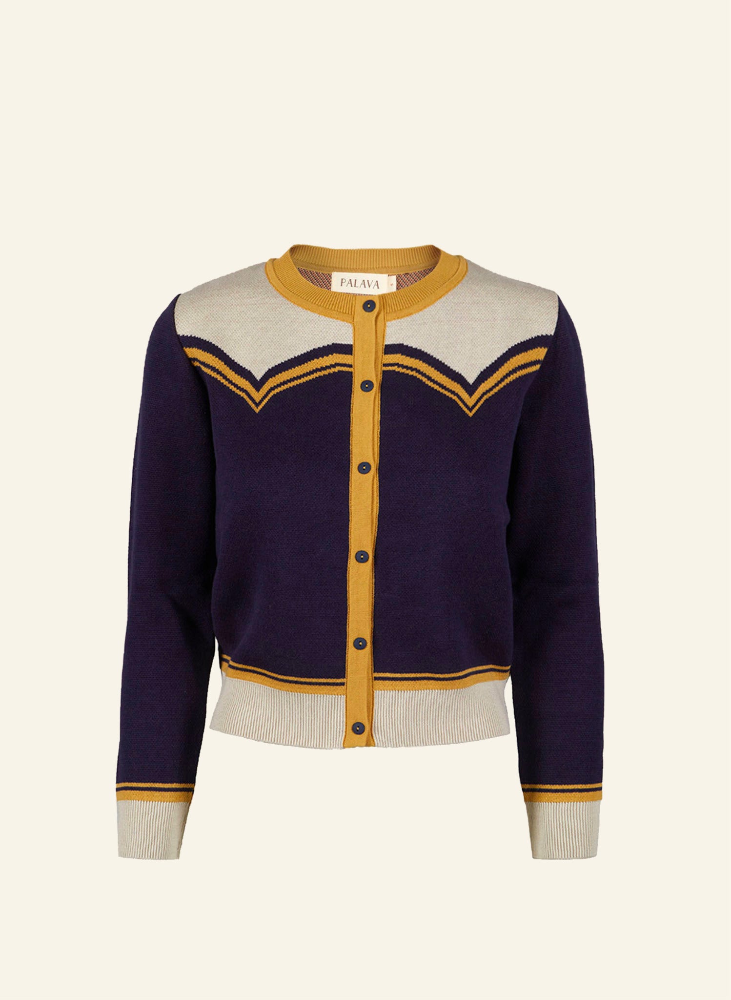 vintage style organic cotton knit cardigan in navy, white, and mustard with horse in the back