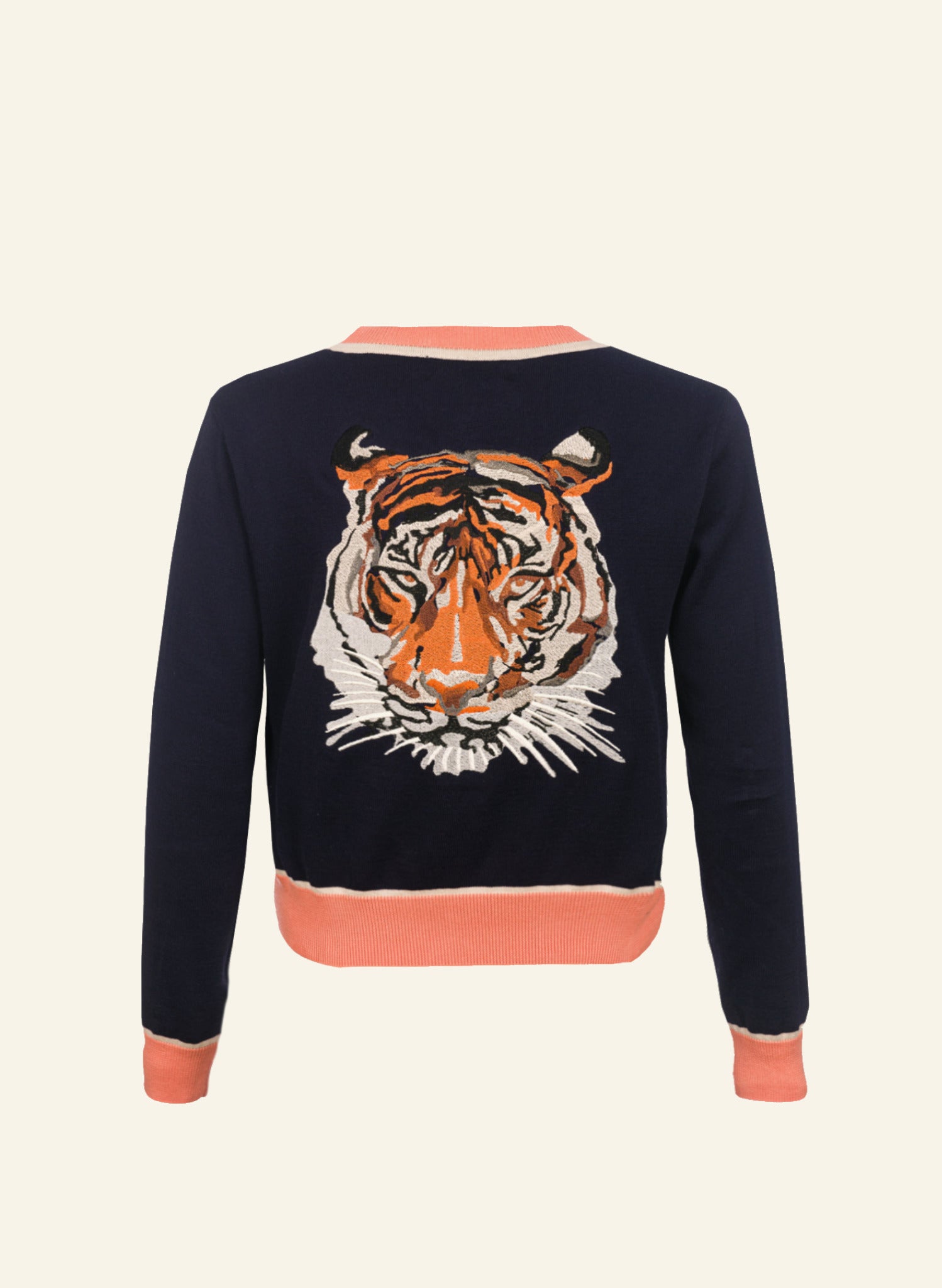 Archive Sale - Size S - Vera - Navy and Pink Embroidered Tiger Cardigan - Full Length Sleeve