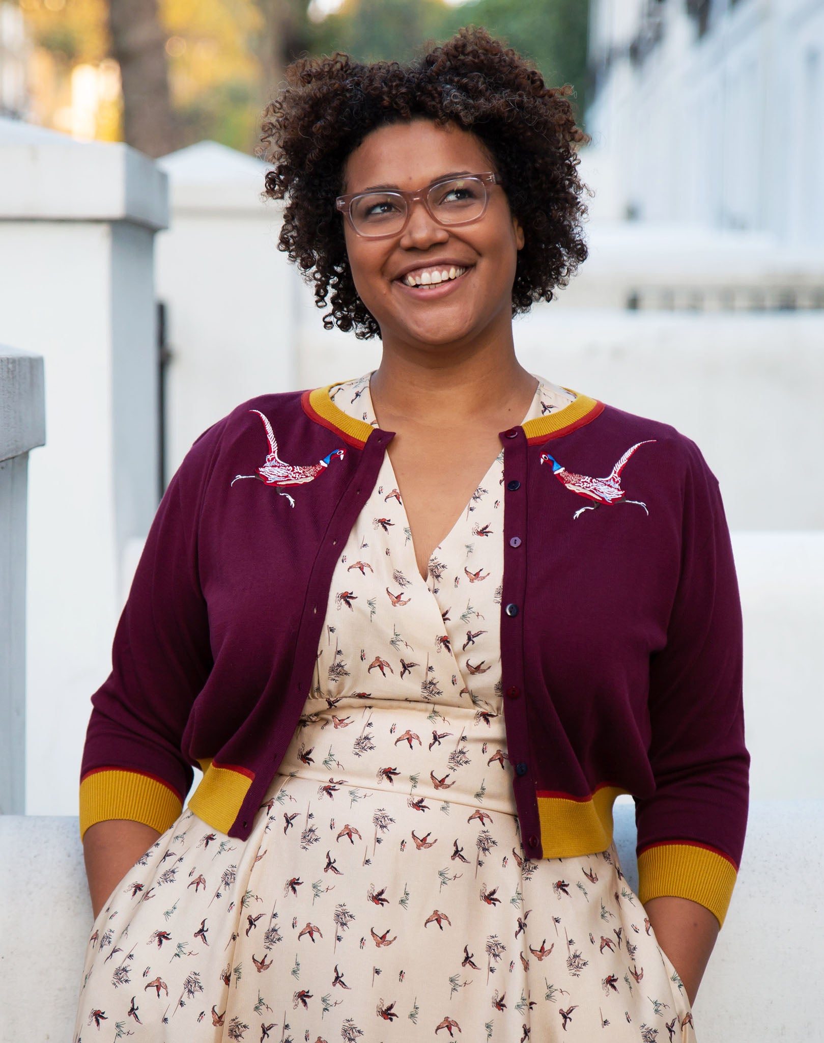 vintage style organic cotton knit cardigan in plum with mustard trimmings and embroidered pheasants