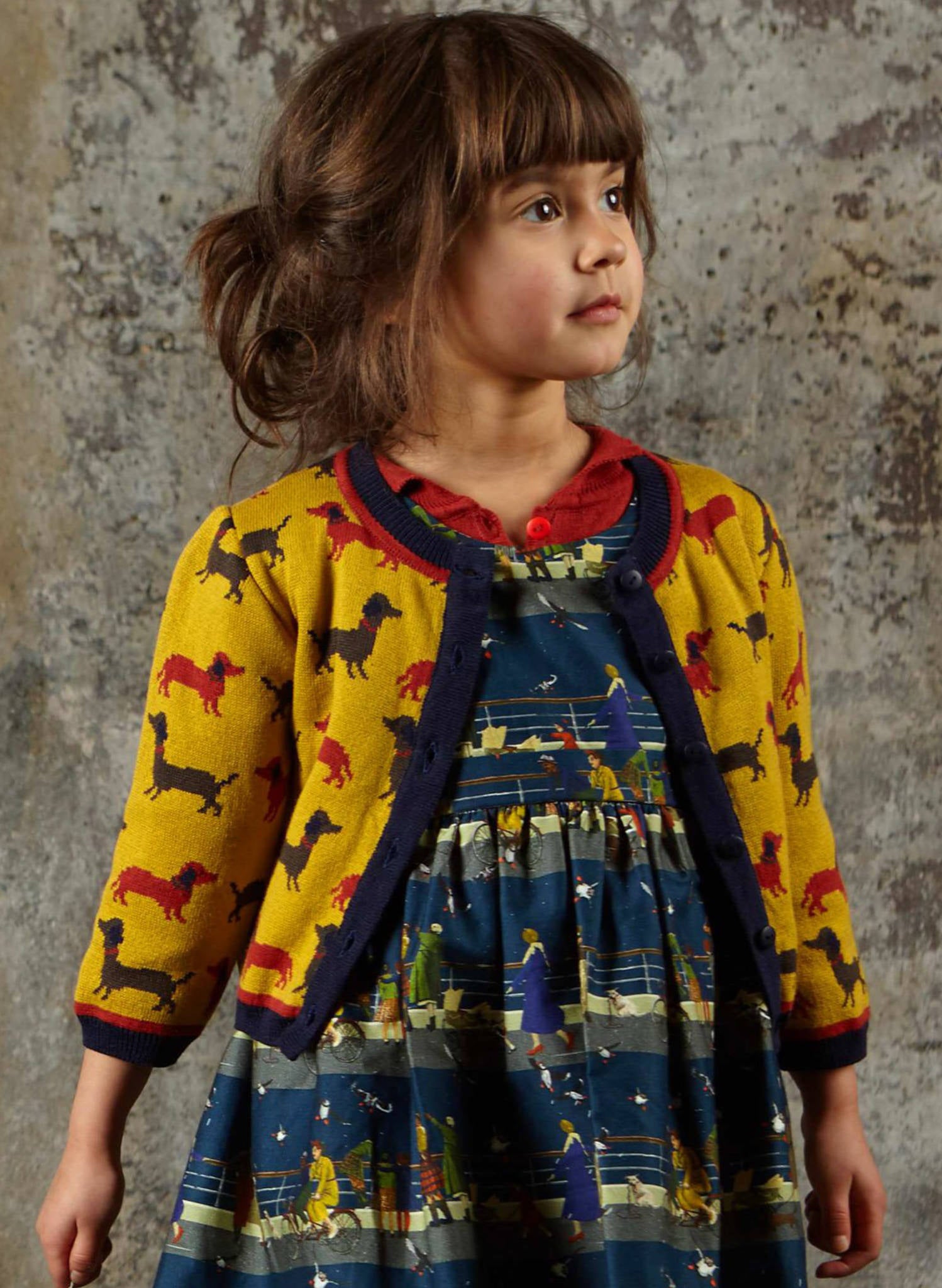 Children s Dog Print Cardigan in Mustard Organic Cotton