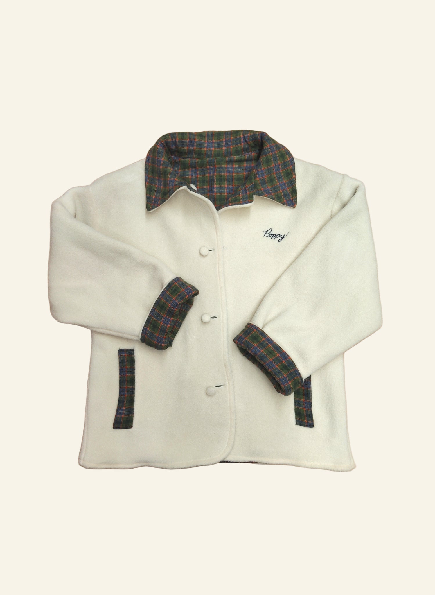 Children's Reversible Jacket - Cream Fleece/Green Tartan
