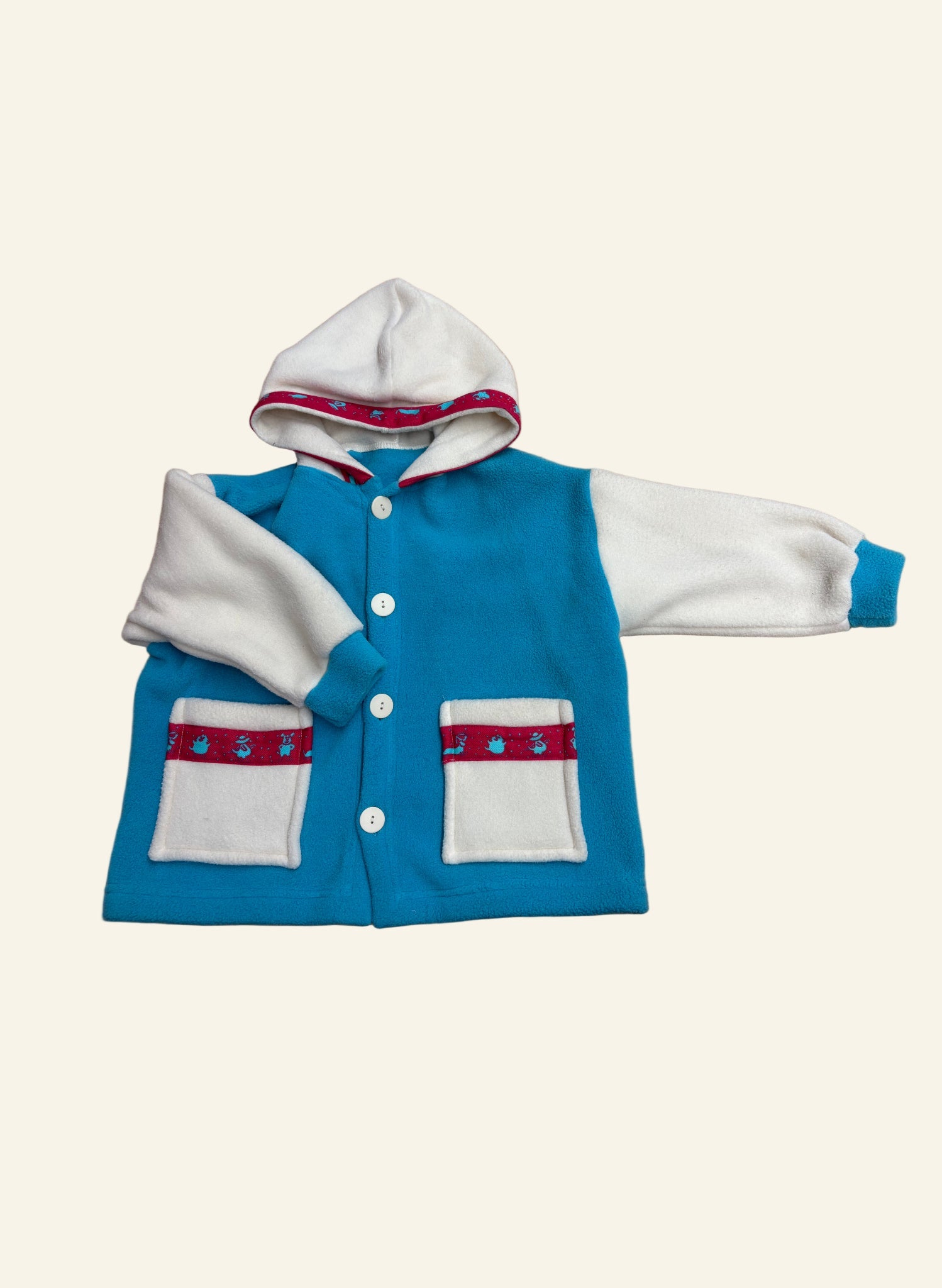 Childrens Hooded Jacket - Turquiose/Cream Fleece with Fushia Cat Trim