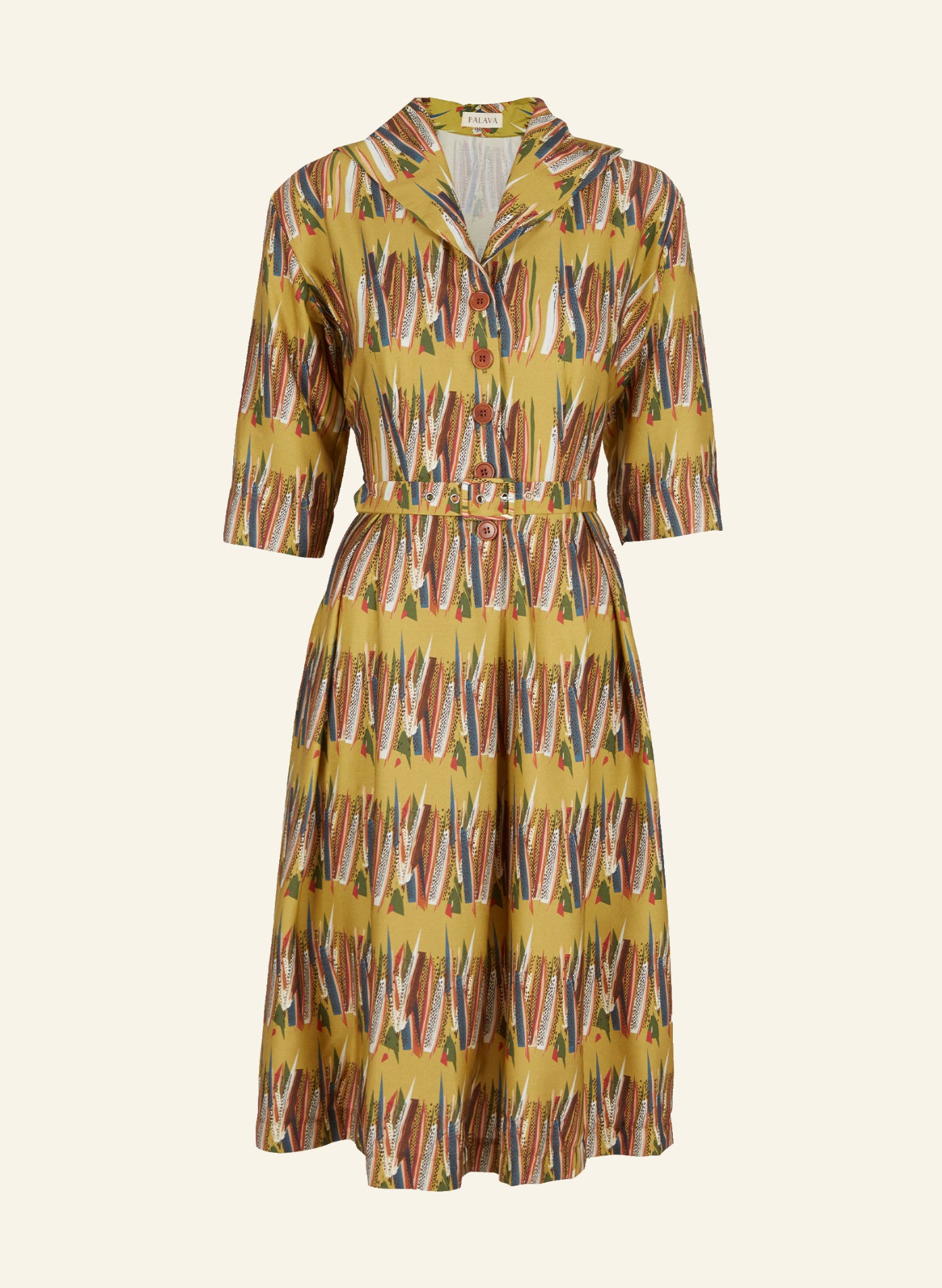 PRE LOVED - Ida Dress - Mustard Mid-Century Feather - Size 08