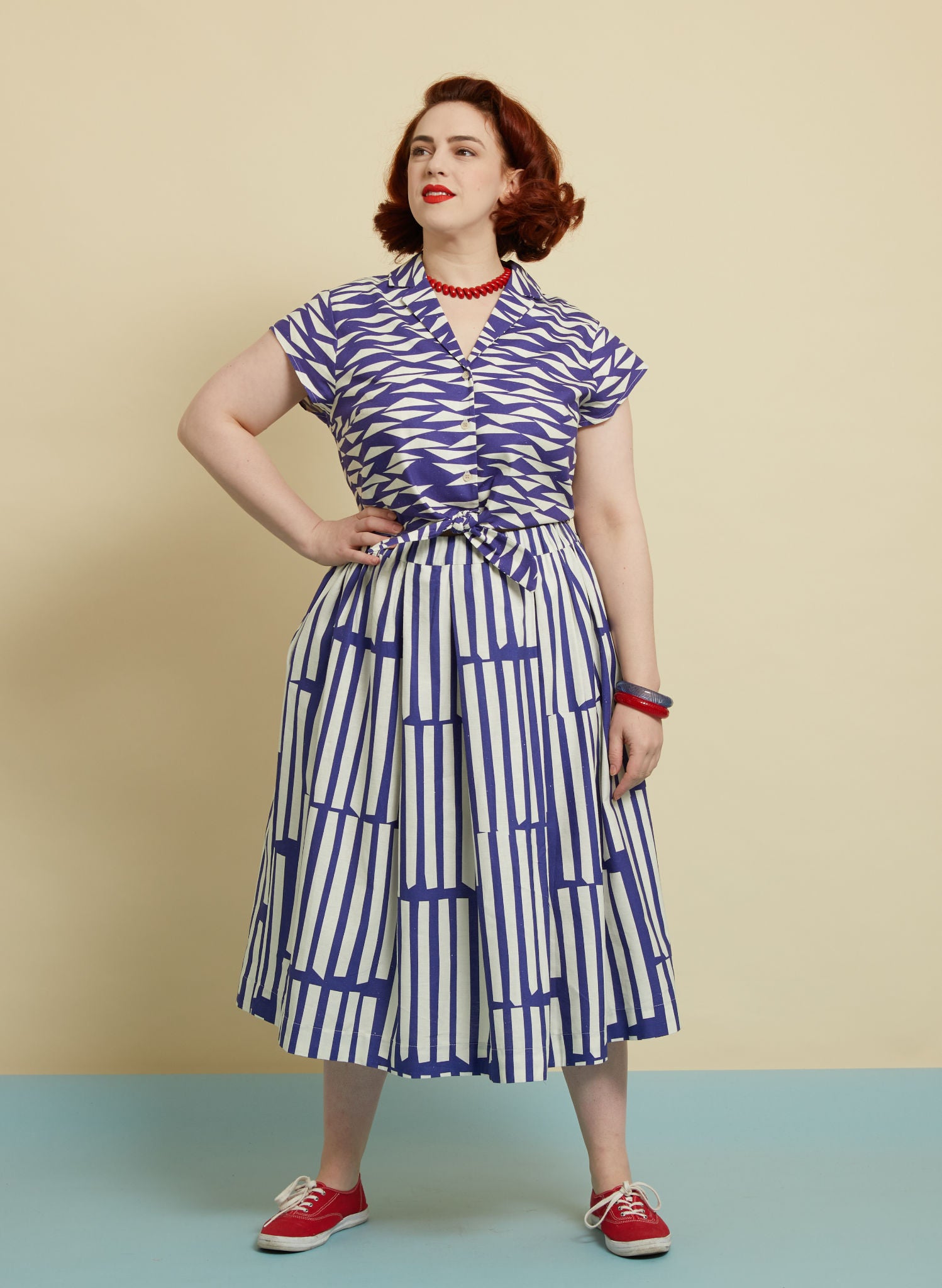 Navy Box Stripe Midi Skirt | Cotton & Linen | Made in UK