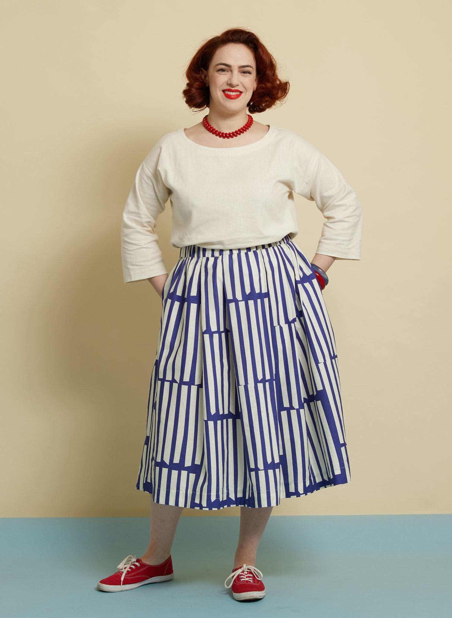 Navy Box Stripe Midi Skirt | Cotton & Linen | Made in UK