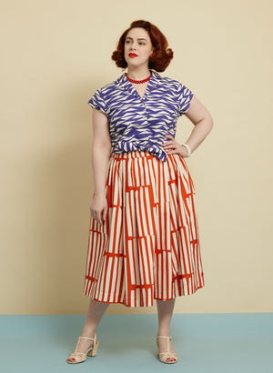 Red Box Stripe Midi Skirt | Cotton & Linen | Made in UK