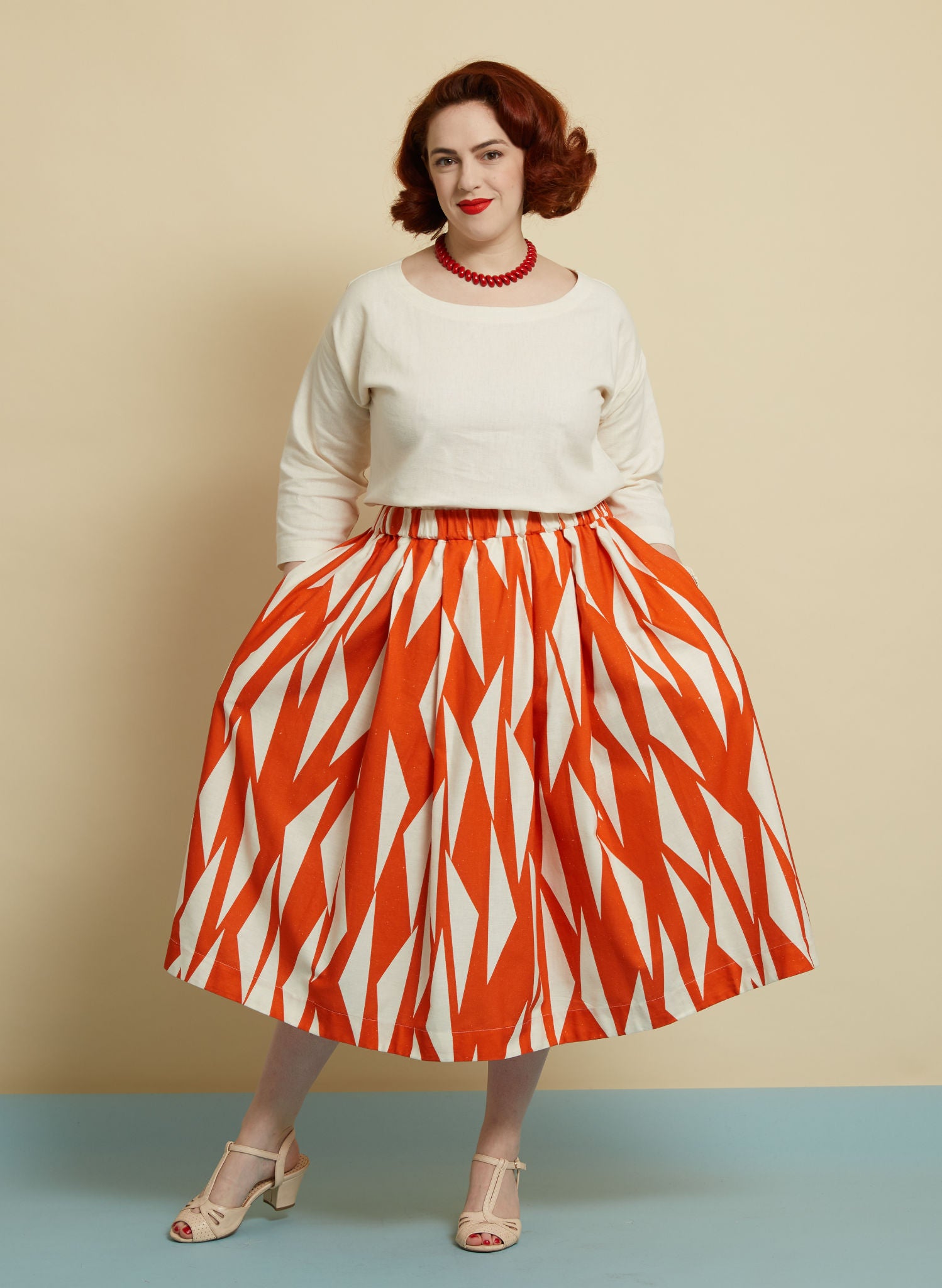 Red & White Sails Print Midi Skirt | Cotton & Linen | Made in UK