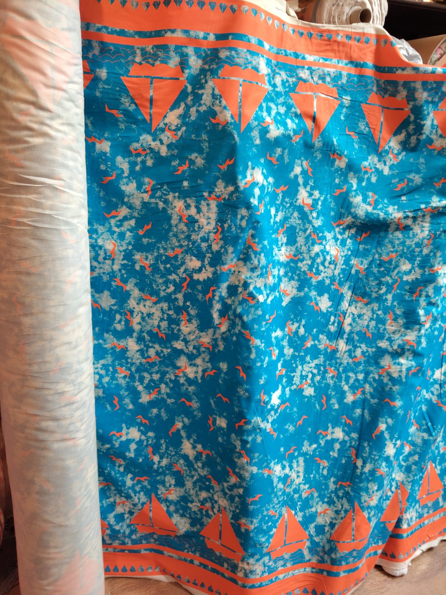 Remnant - 157cm x 57cm - Blue Sailing Boats Fabric - Cotton