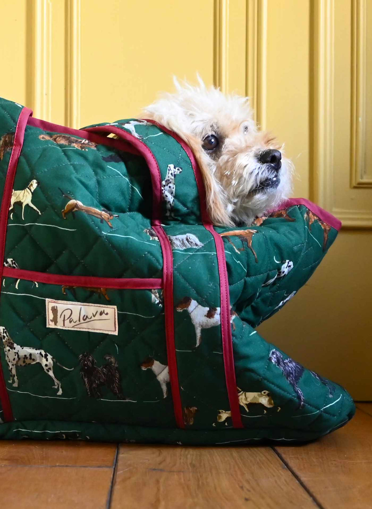 Reversible Quilted Tote Bag - Green Porcelain Dogs/Mustard Check