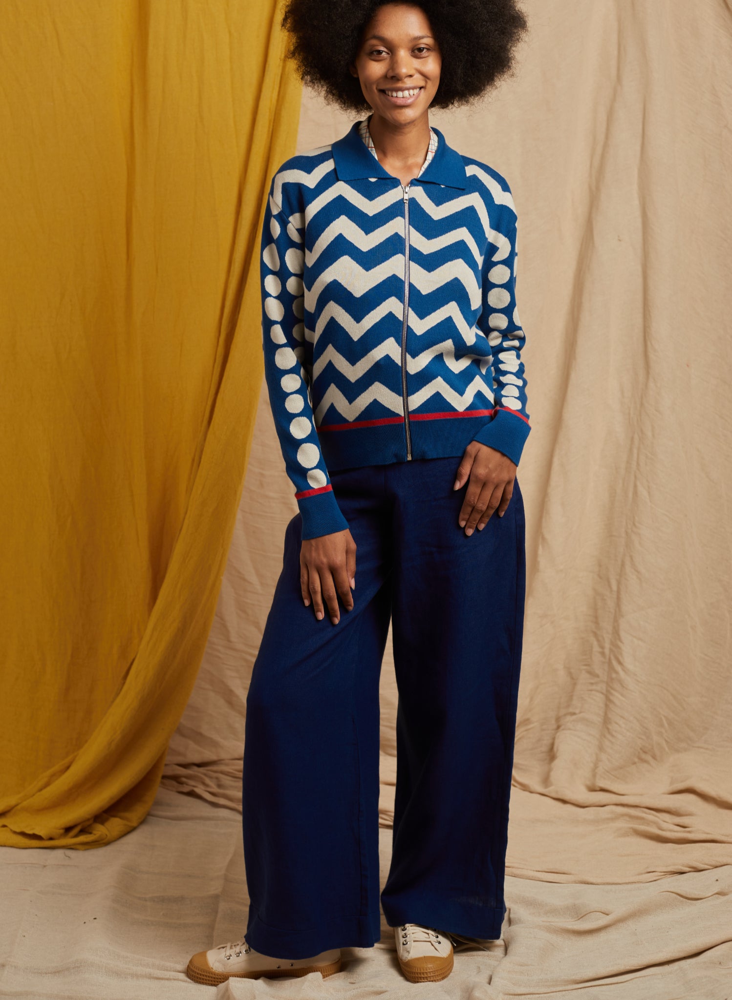 Kate Zip Up - Blue Spots and Zig Zag