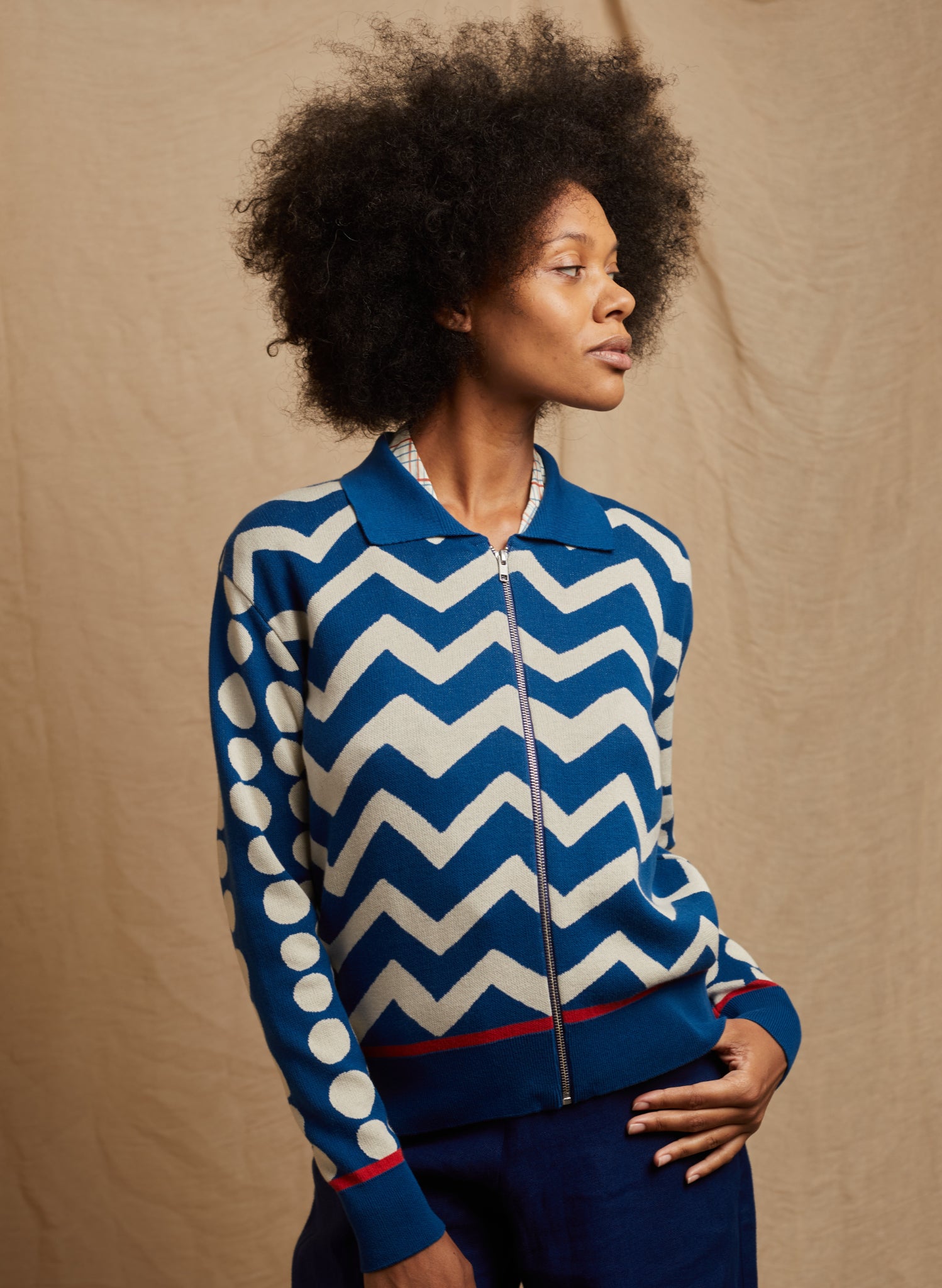 Kate Zip Up - Blue Spots and Zig Zag