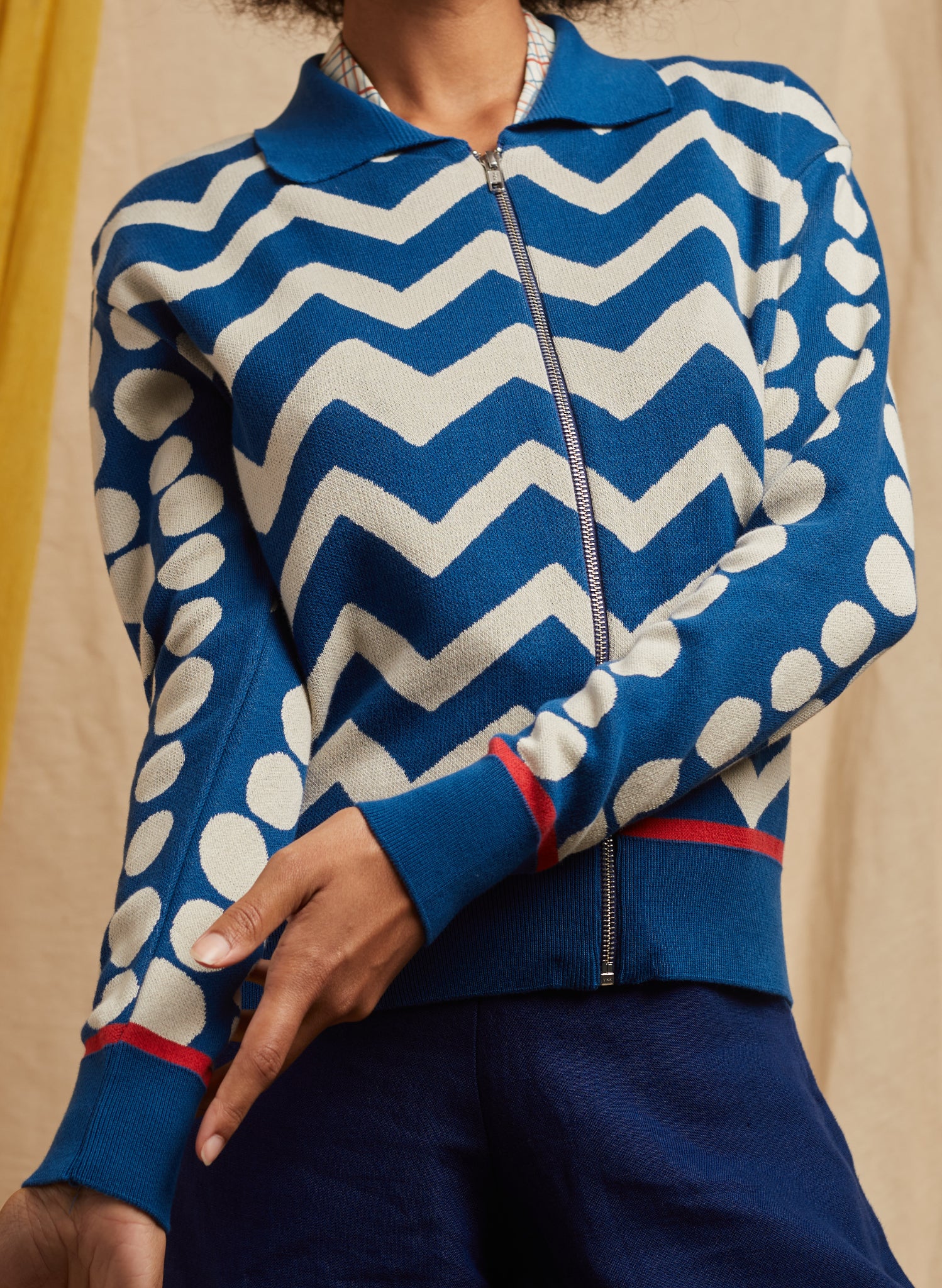 Kate Zip Up - Blue Spots and Zig Zag