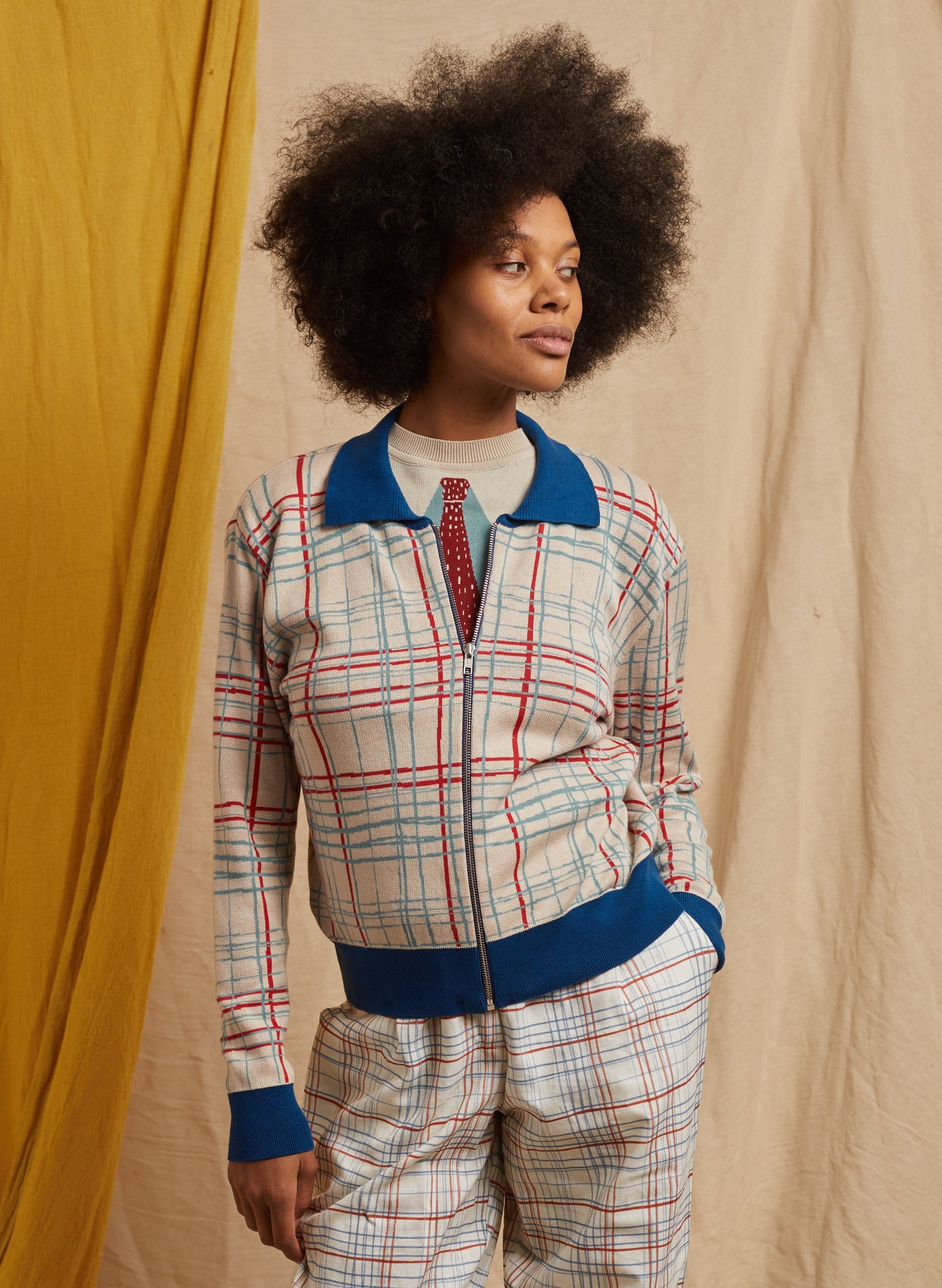 Kate Zip Up - Cream Folk Check