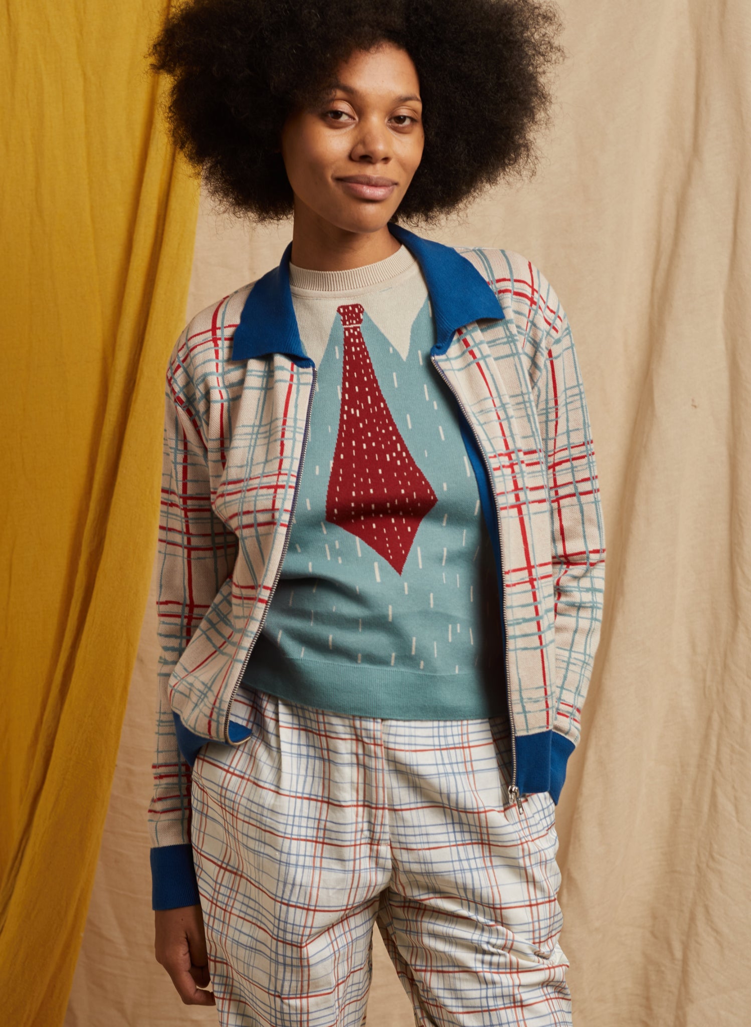 Kate Zip Up - Cream Folk Check