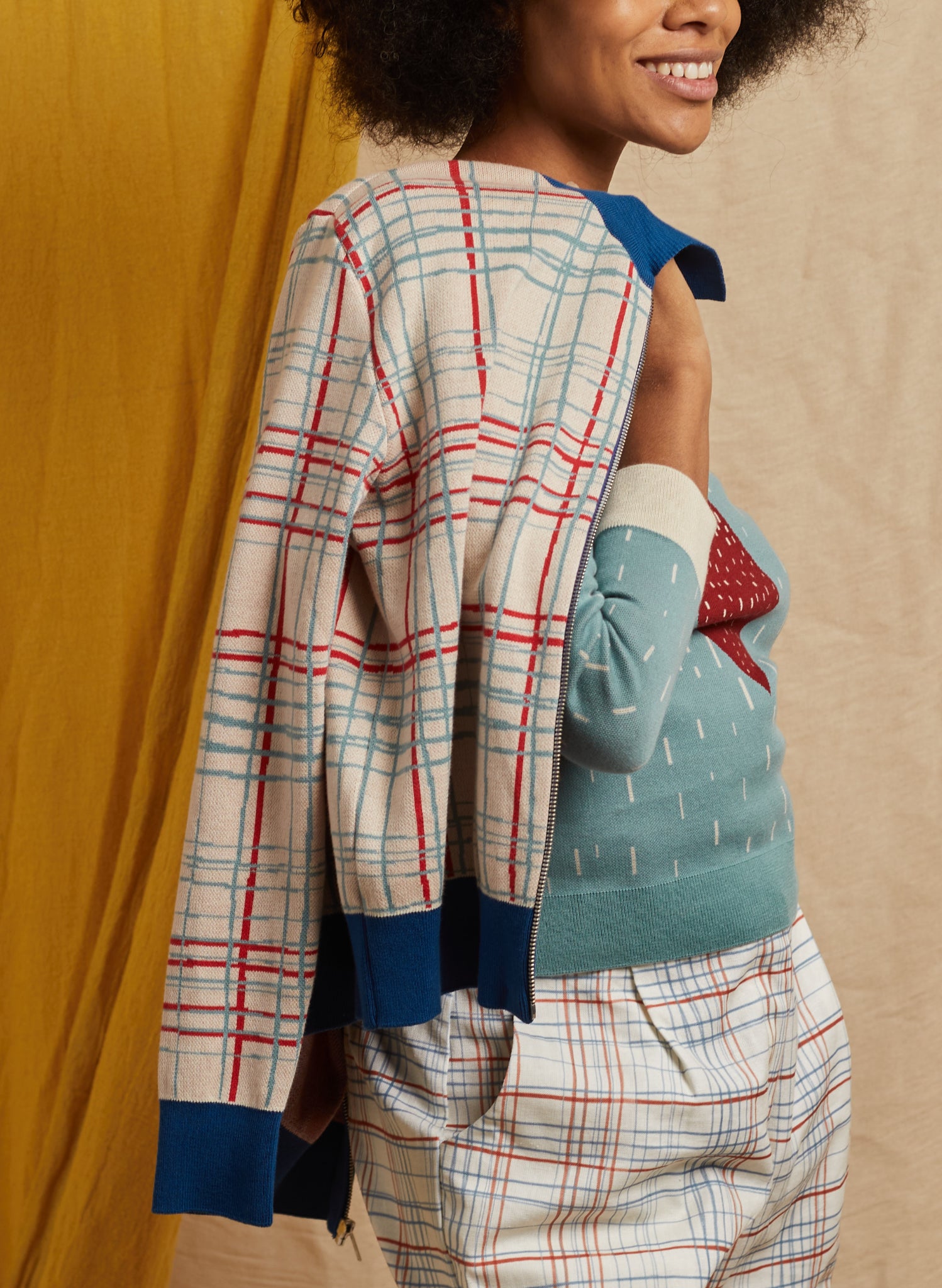 Kate Zip Up - Cream Folk Check