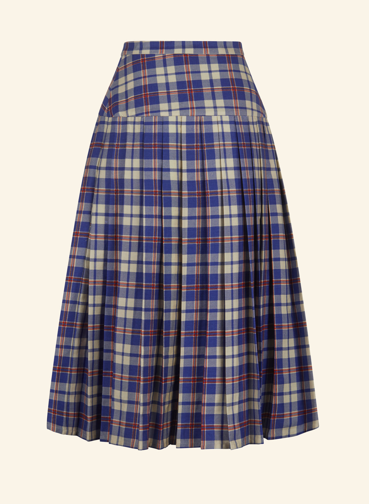 A high-waisted, pleated A-line kilt skirt in a blue, beige, and red plaid pattern, shown against a solid cream background.