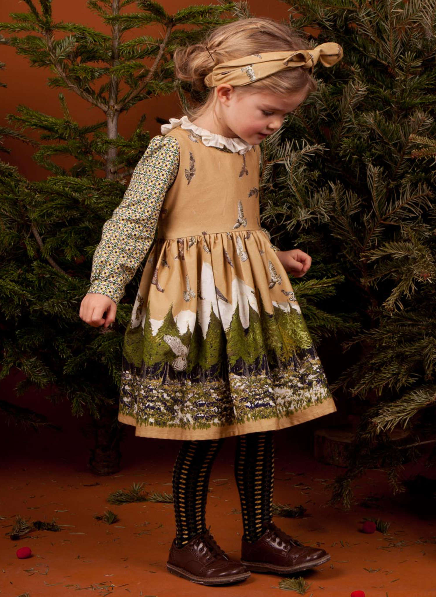 Martha Children's Dress - Mustard Birds of Prey