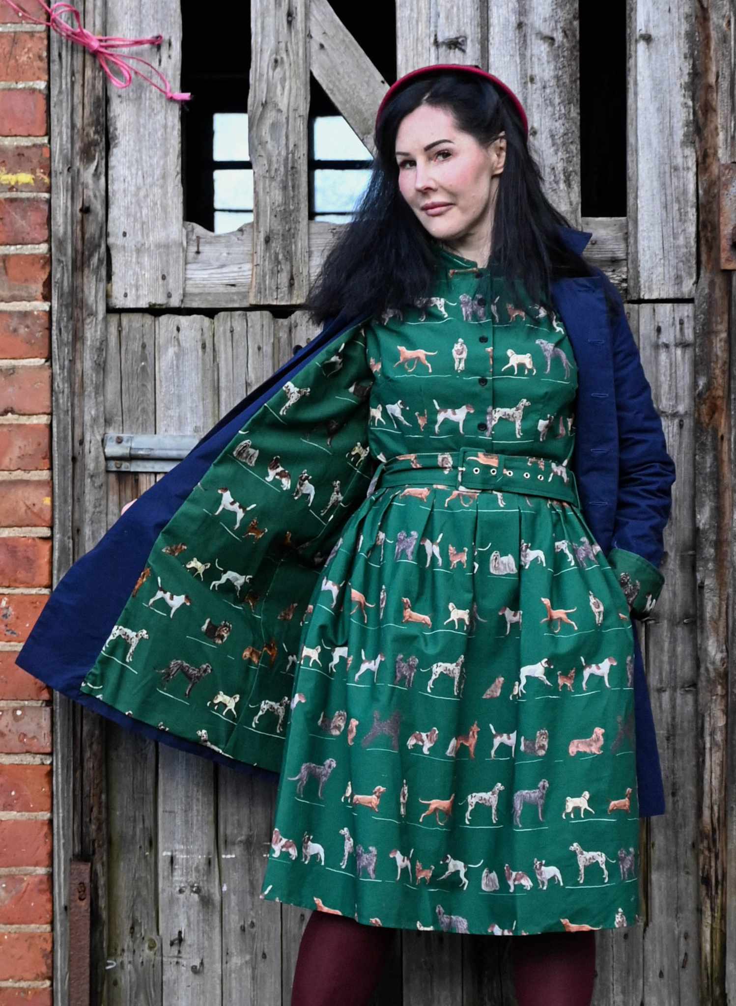 Heritage - Navy Trench Coat - Green Porcelain Dogs Lining