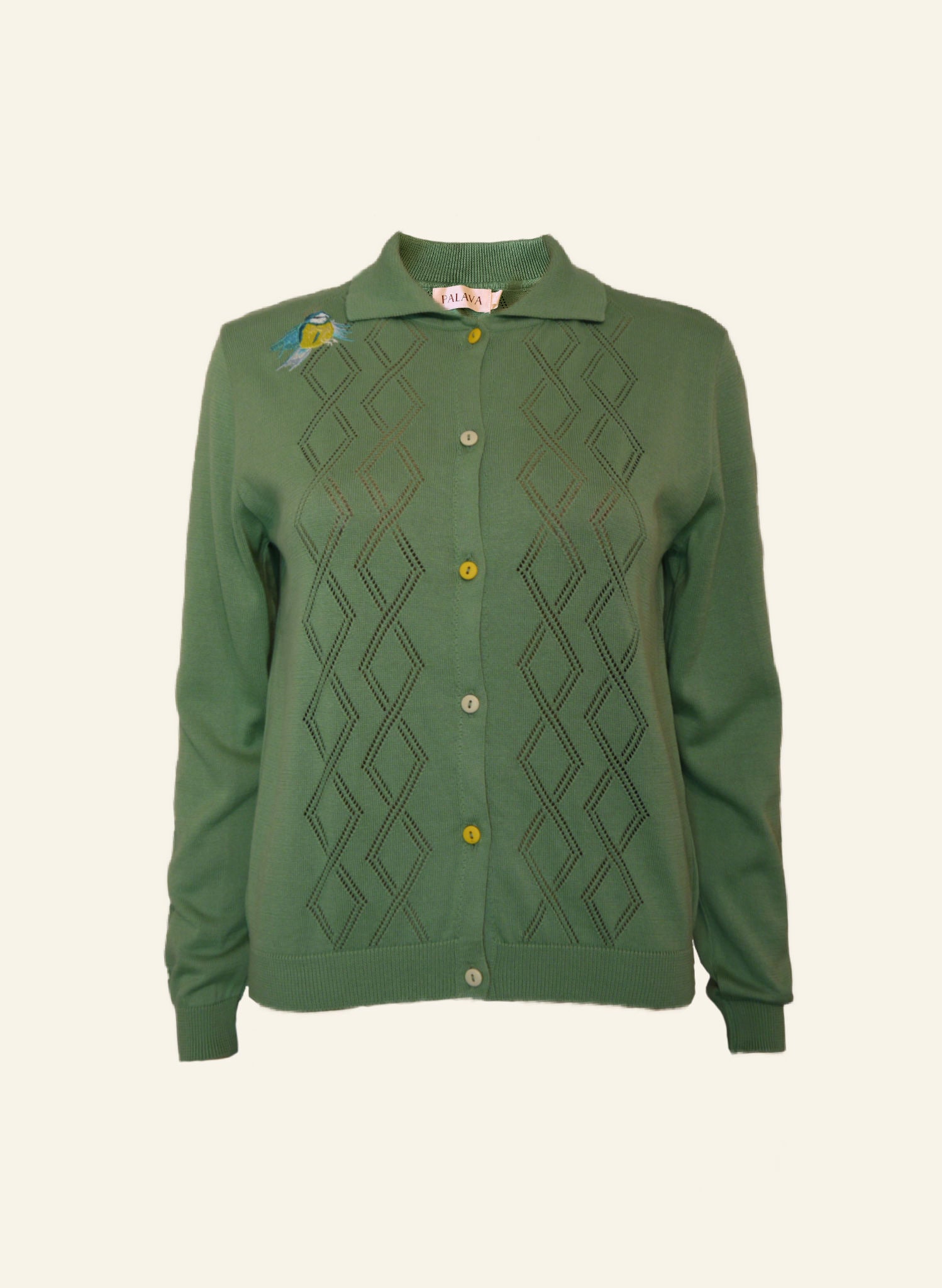 Archive Sale - Size S - Fern - Embroidered Blue Tit - Green - Knitted Top