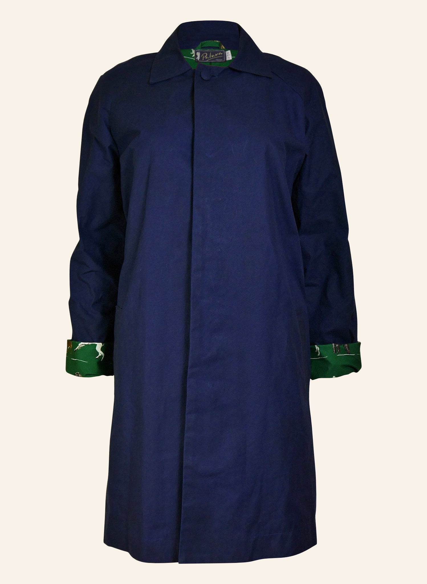 Heritage - Navy Trench Coat - Green Porcelain Dogs Lining