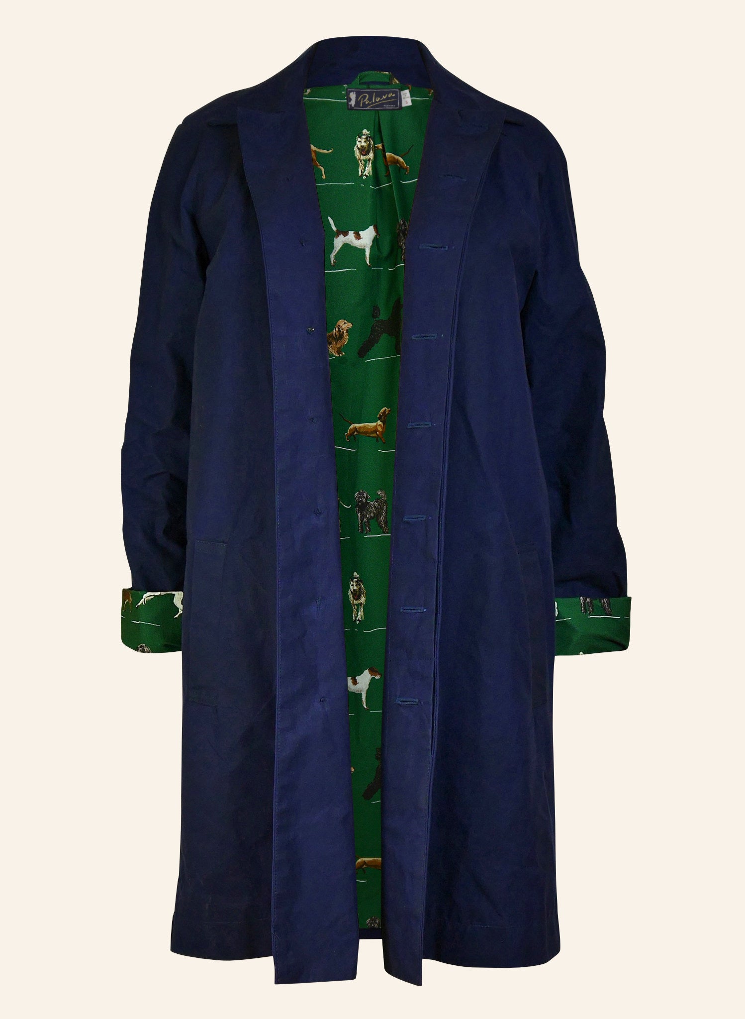 Heritage - Navy Trench Coat - Green Porcelain Dogs Lining