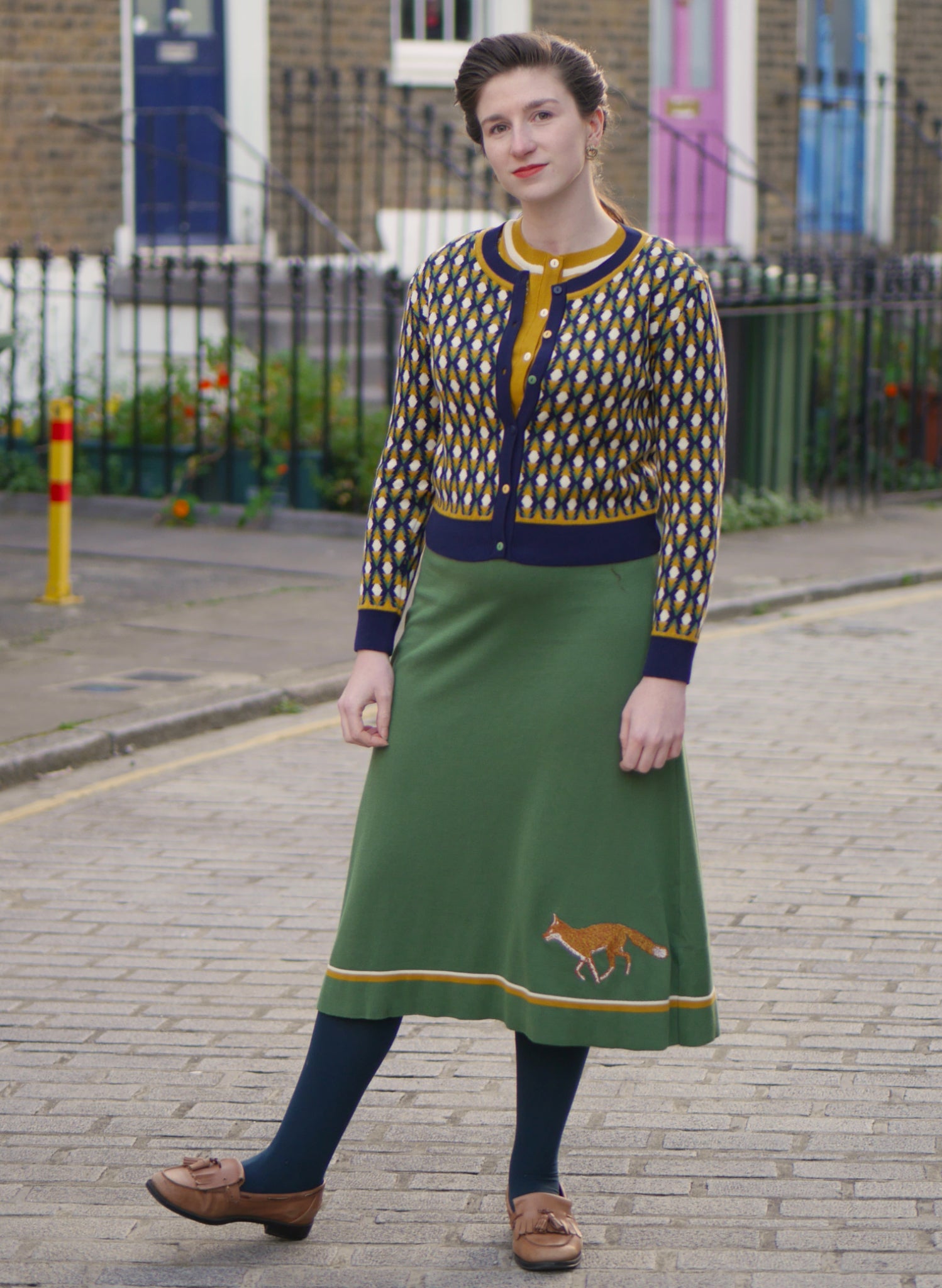 Otti 2-Piece - Green Embroidered Fox Knitted Top and Skirt