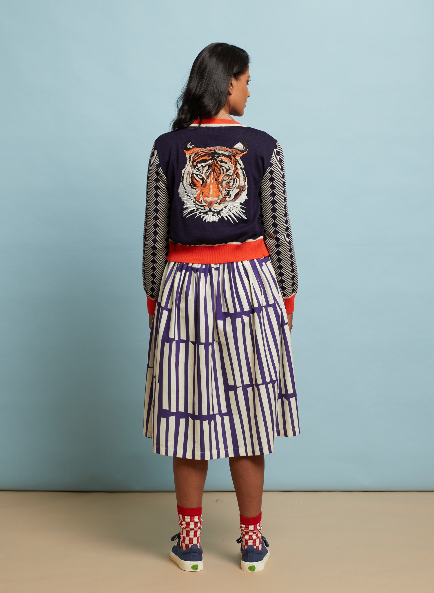 Organic cotton cardigan navy blue with large tiger face embroidery on back