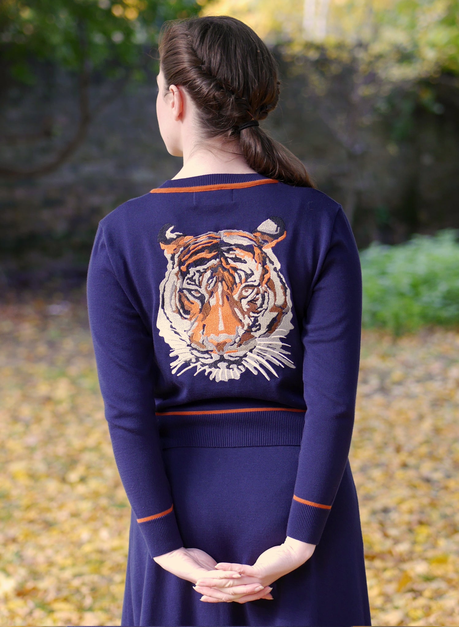 Vera Cardigan - Navy and Rust Embroidered Tiger