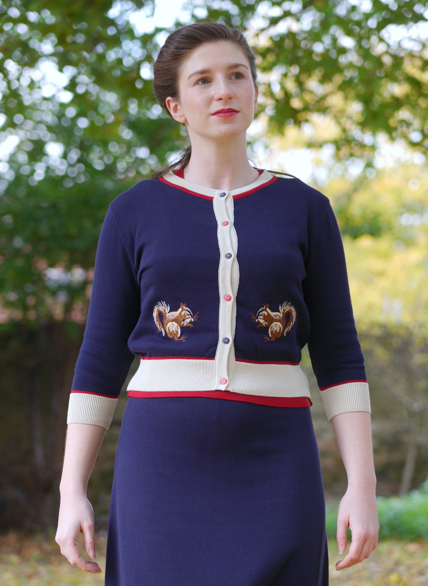 Vera - Navy Embroidered Squirrel Cardigan