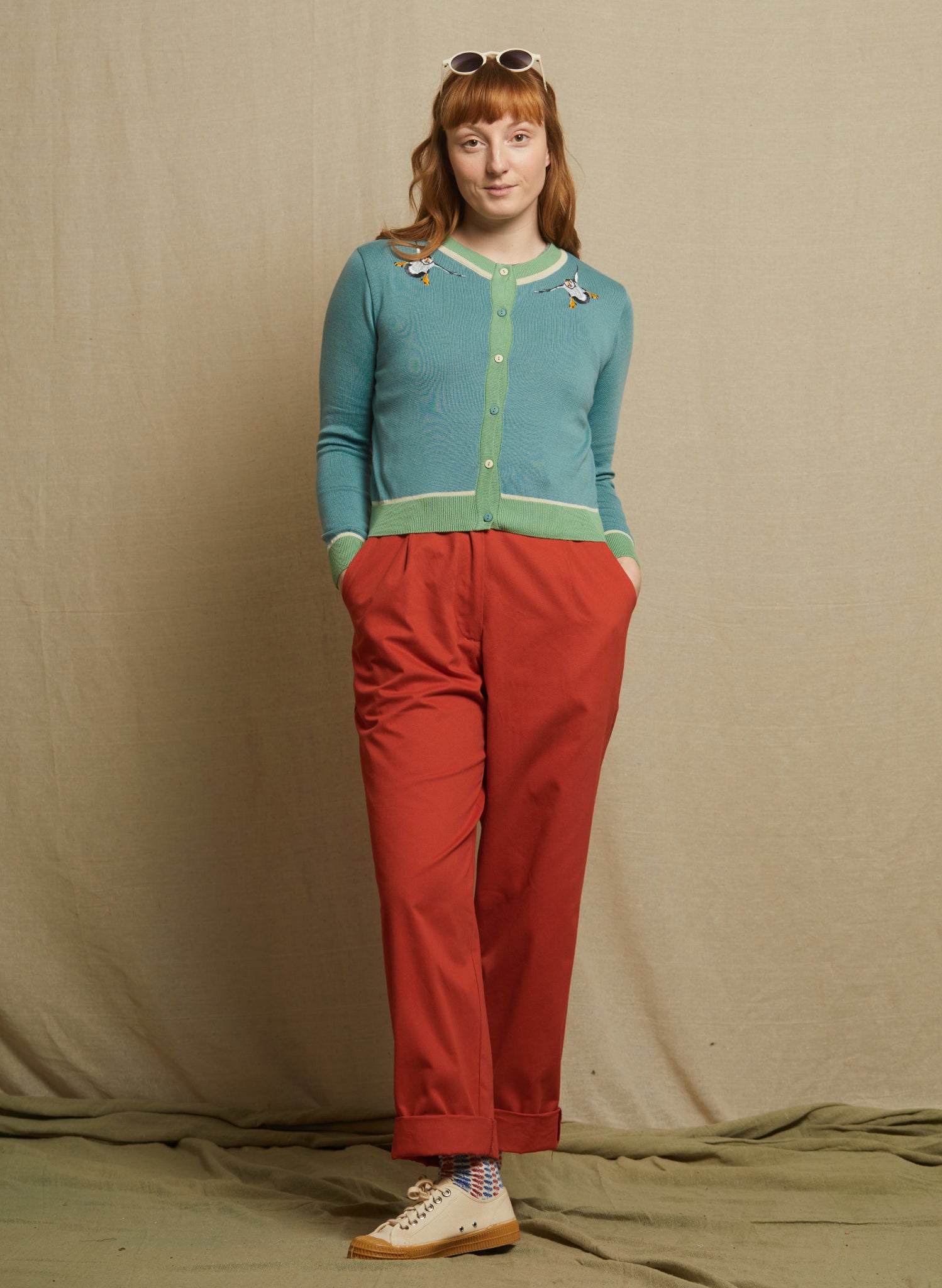 Vera Cardigan - Teal Puffins