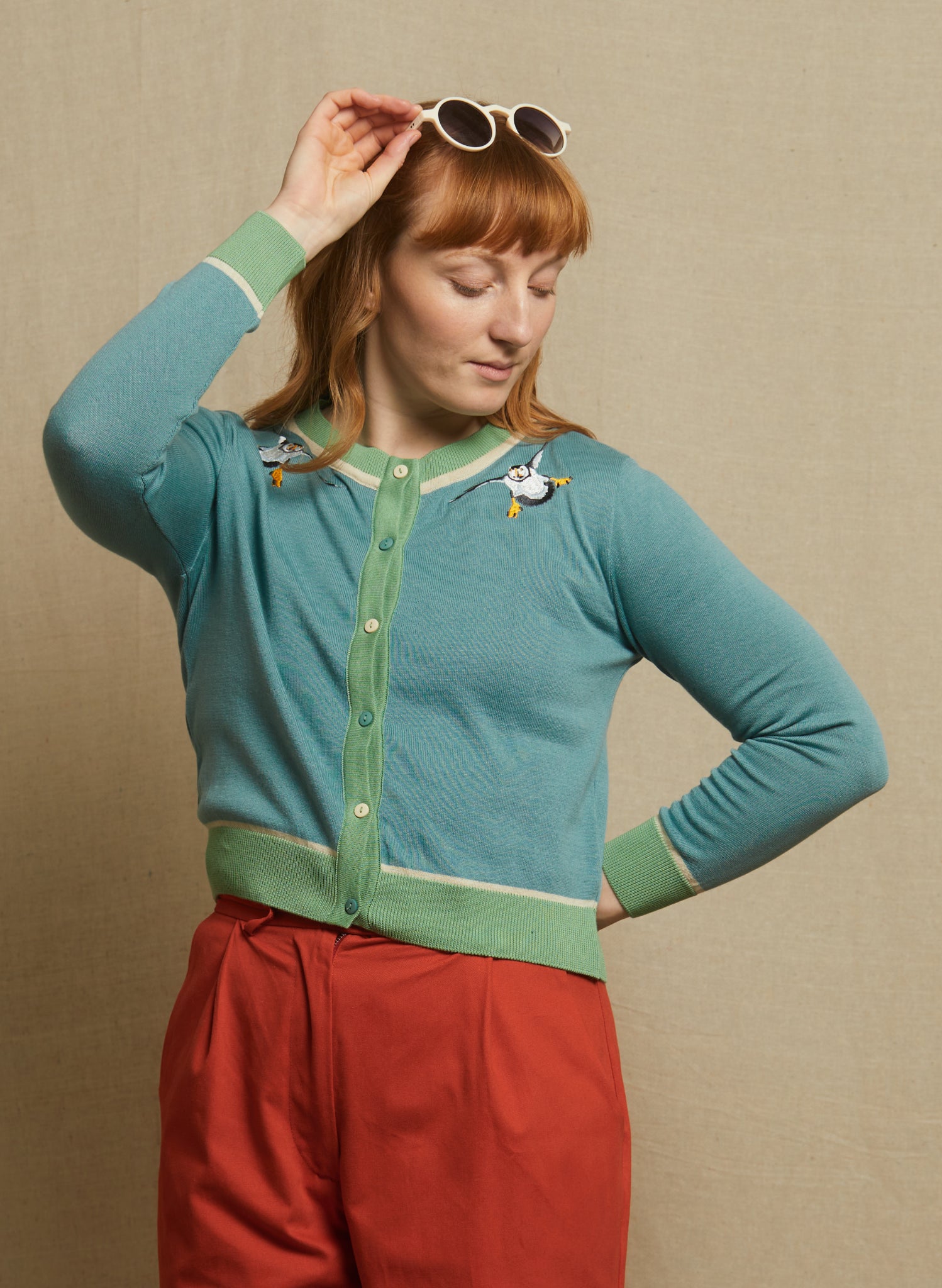 Vera Cardigan - Teal Puffins