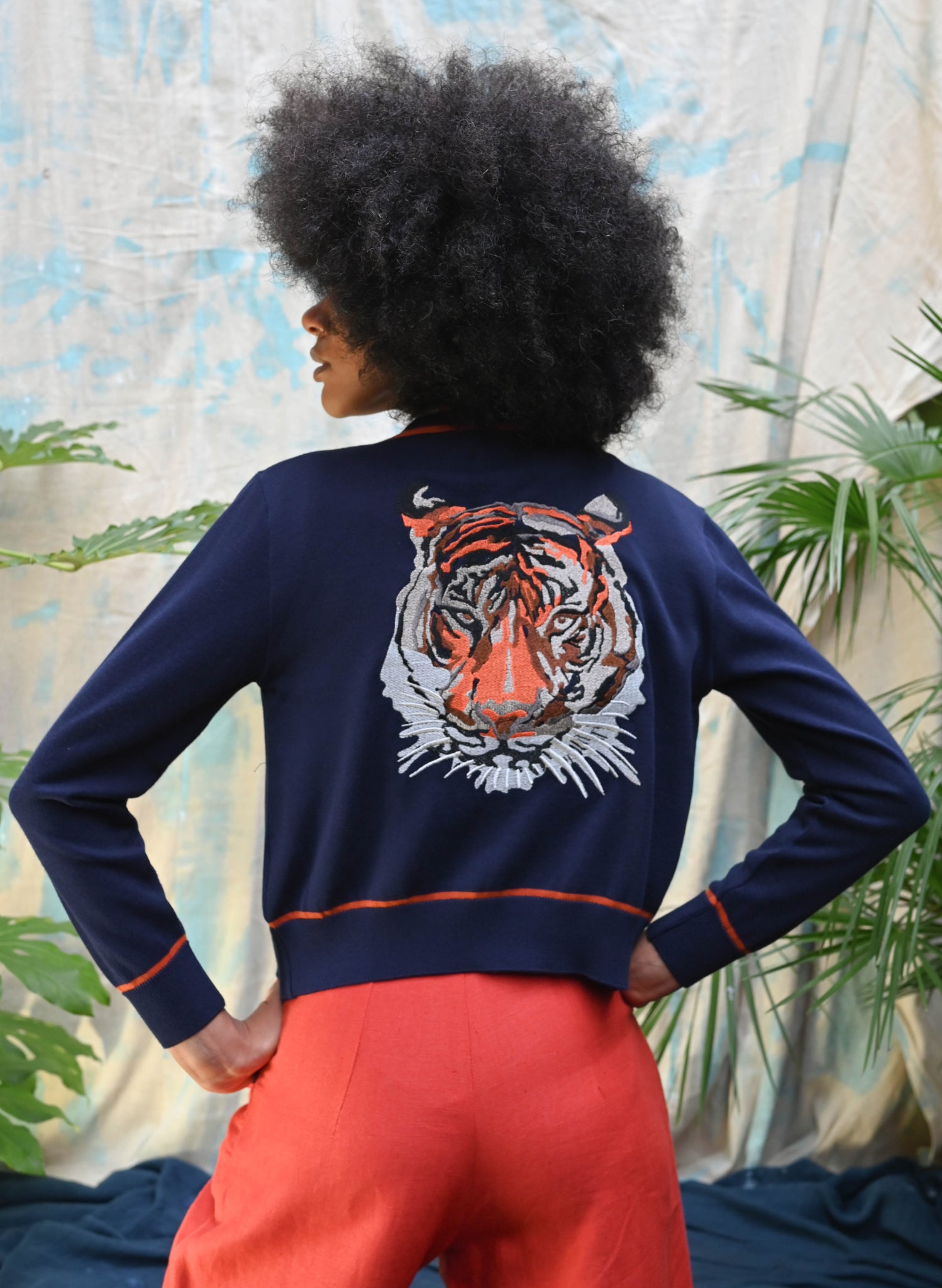 Vera Cardigan - Navy and Rust Embroidered Tiger