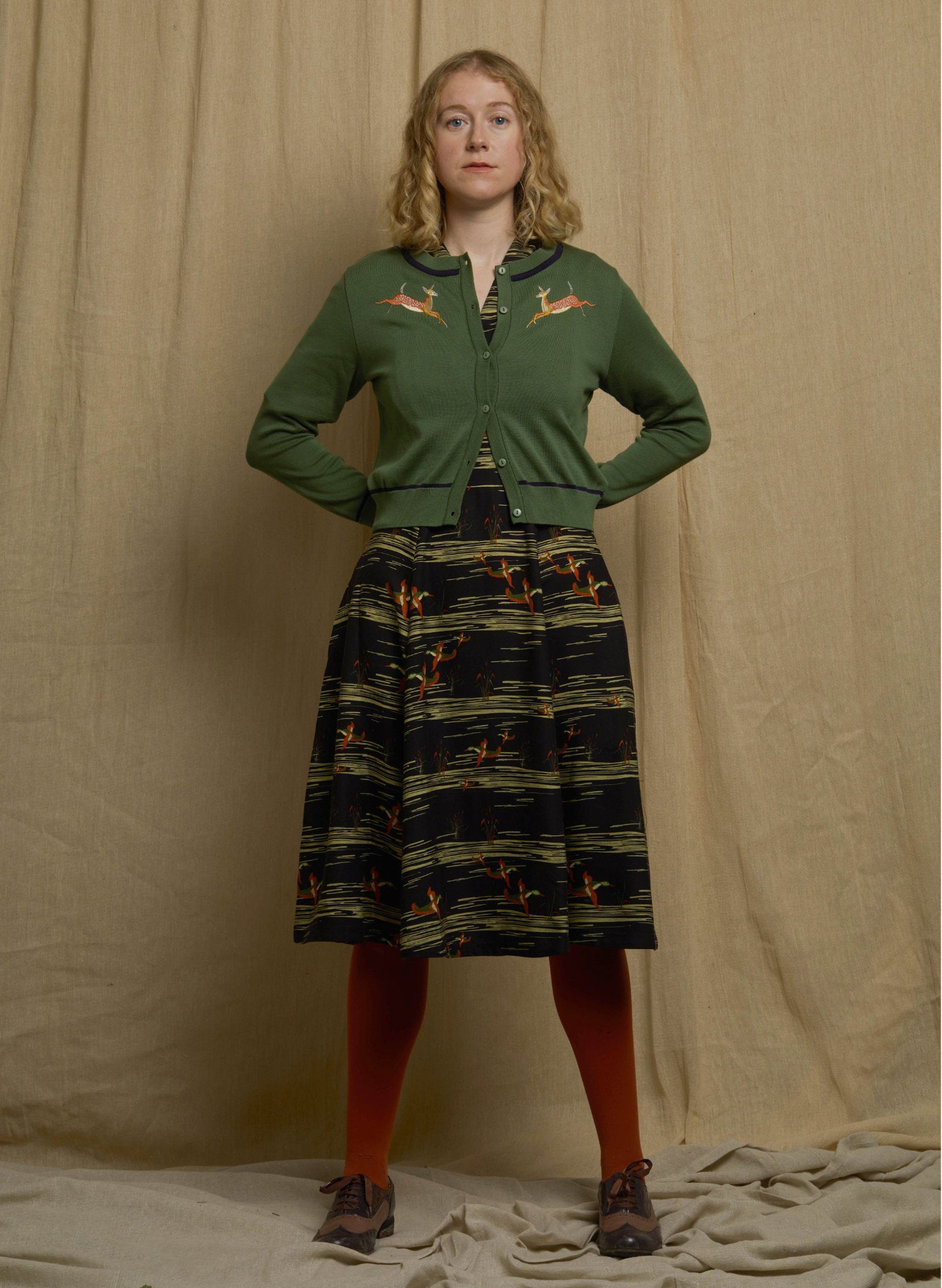 Vera - Green Embroidered Deers