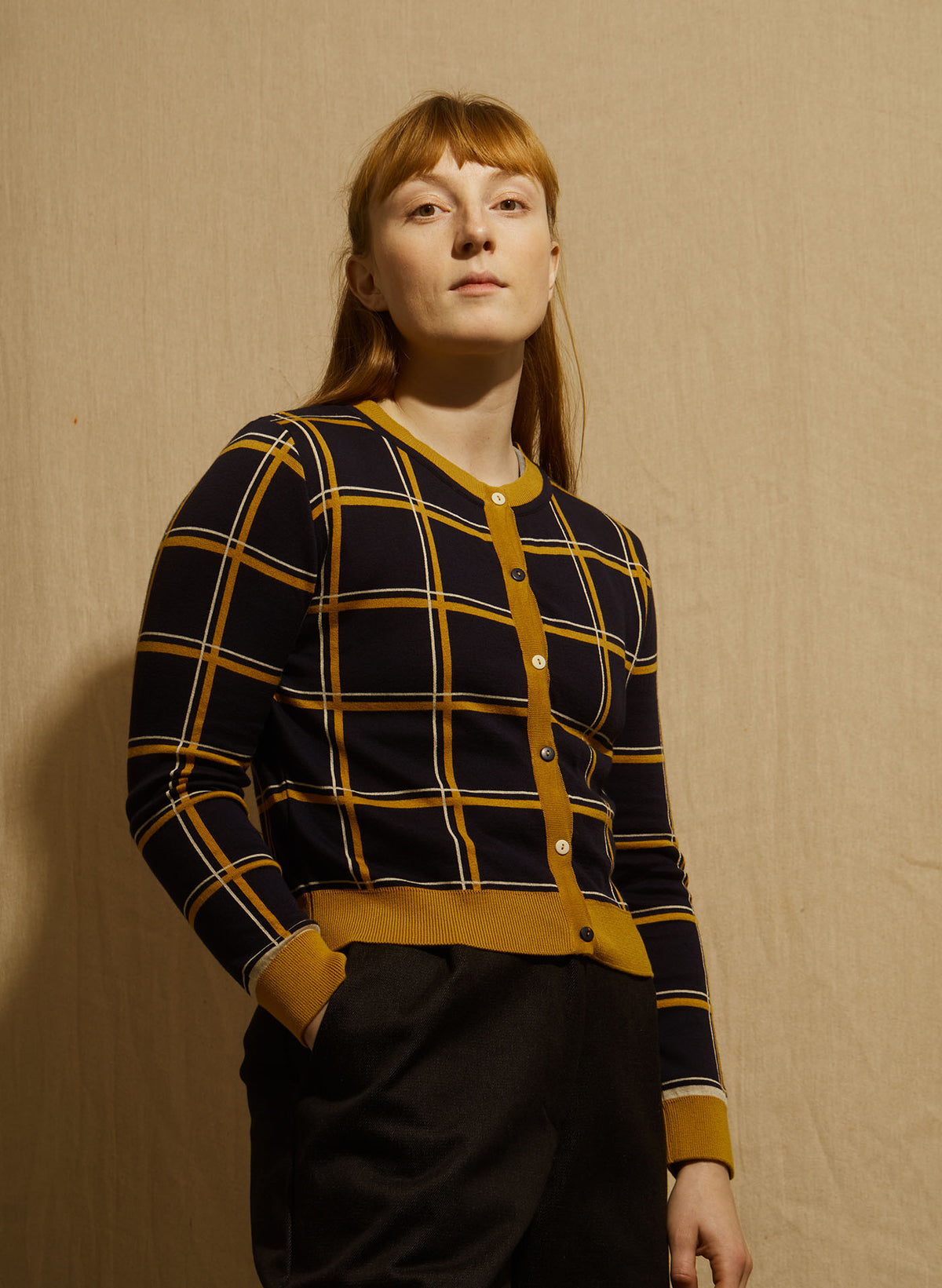 Vera Cardigan- Navy/Mustard Check