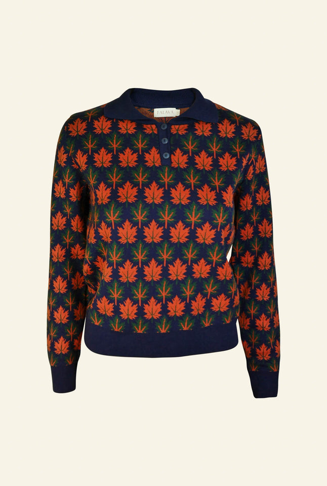 Aila - Navy Autumn Leaves Knitted Top