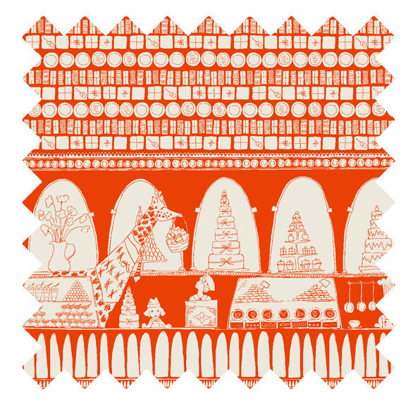 Palava hand illustrated chocolate shop print in orange winter weight cotton sateen