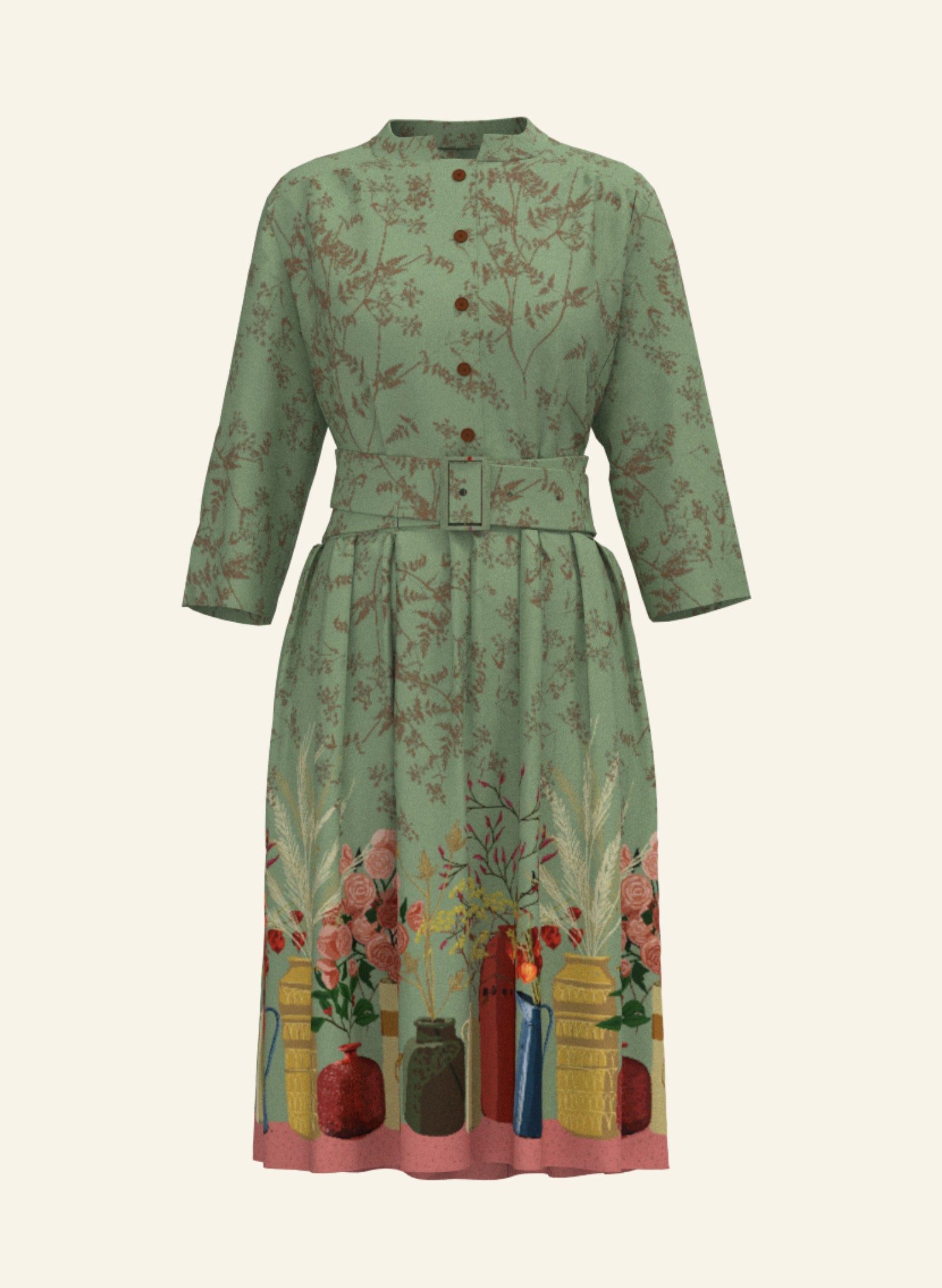 organic cotton, vintage-style, sage knee-length belted shirt dress with 3/4 length sleeves, pockets, and a floral print