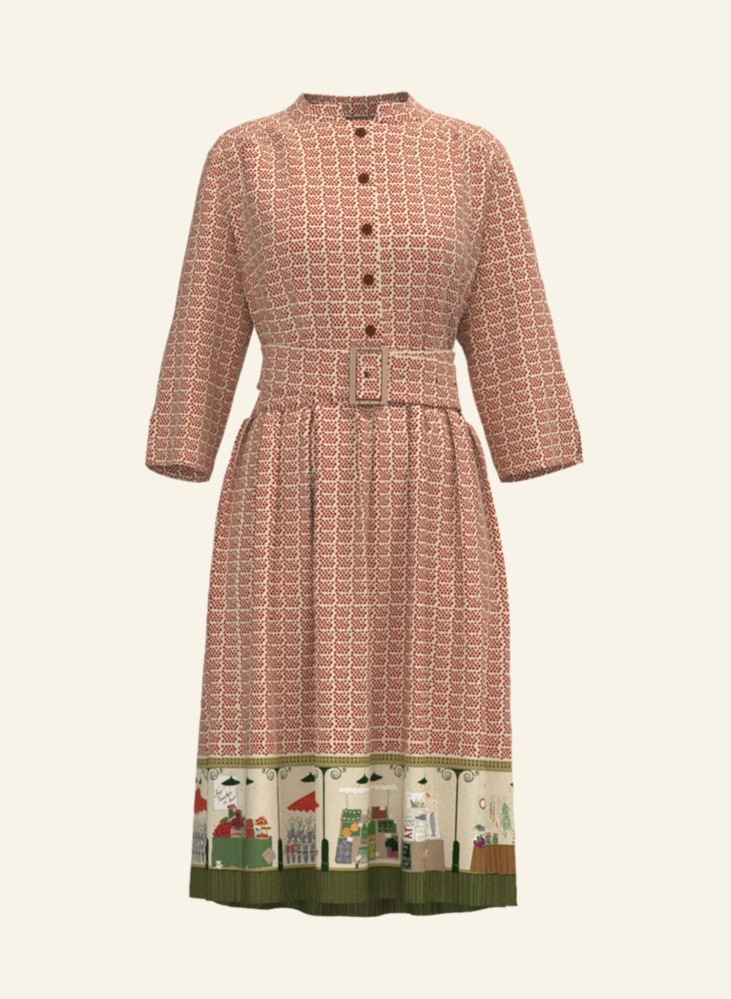 100% organic cotton midi-length belted shirt dress with 3/4 length sleeves in rust with a farmers market print