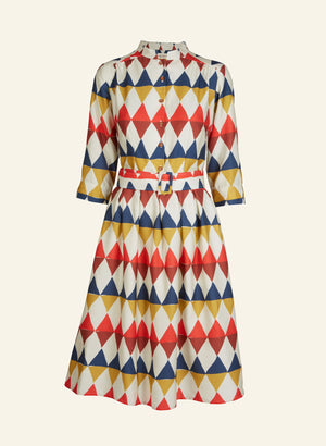 organic cotton colorful geometric diamond print knee-length belted shirt dress with 3/4 length sleeves and pockets