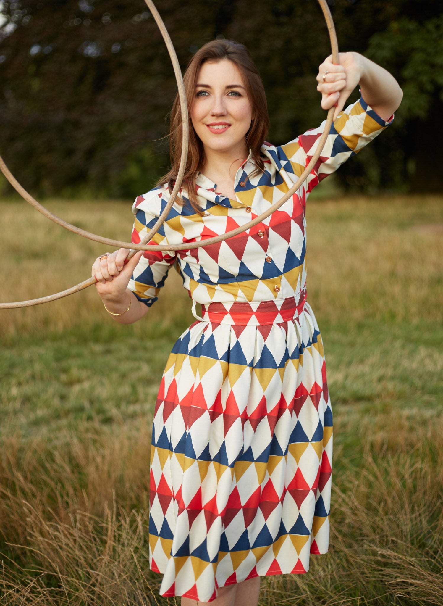 organic cotton colorful geometric diamond print knee-length belted shirt dress with 3/4 length sleeves and pockets