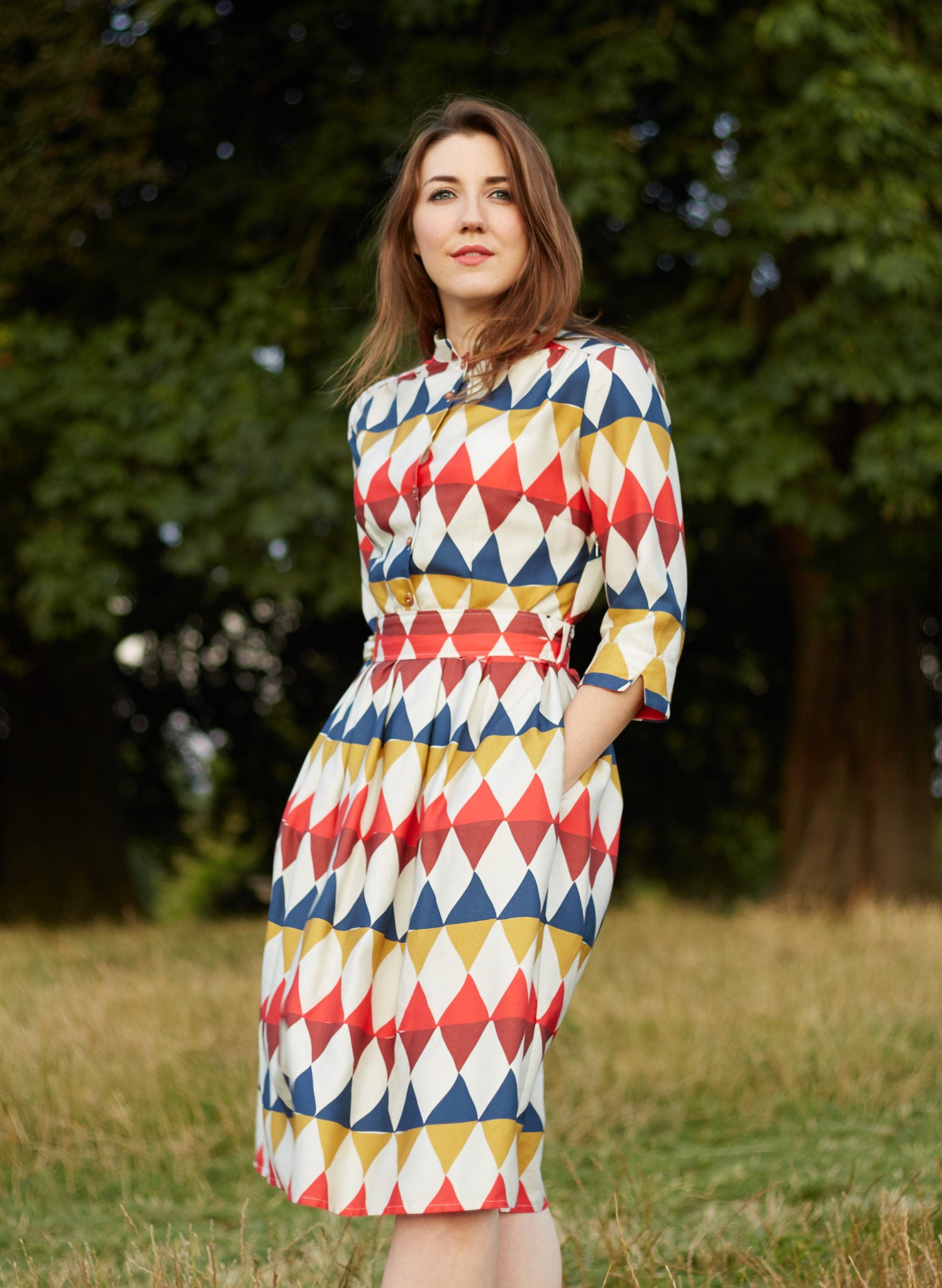 organic cotton colorful geometric diamond print knee-length belted shirt dress with 3/4 length sleeves and pockets